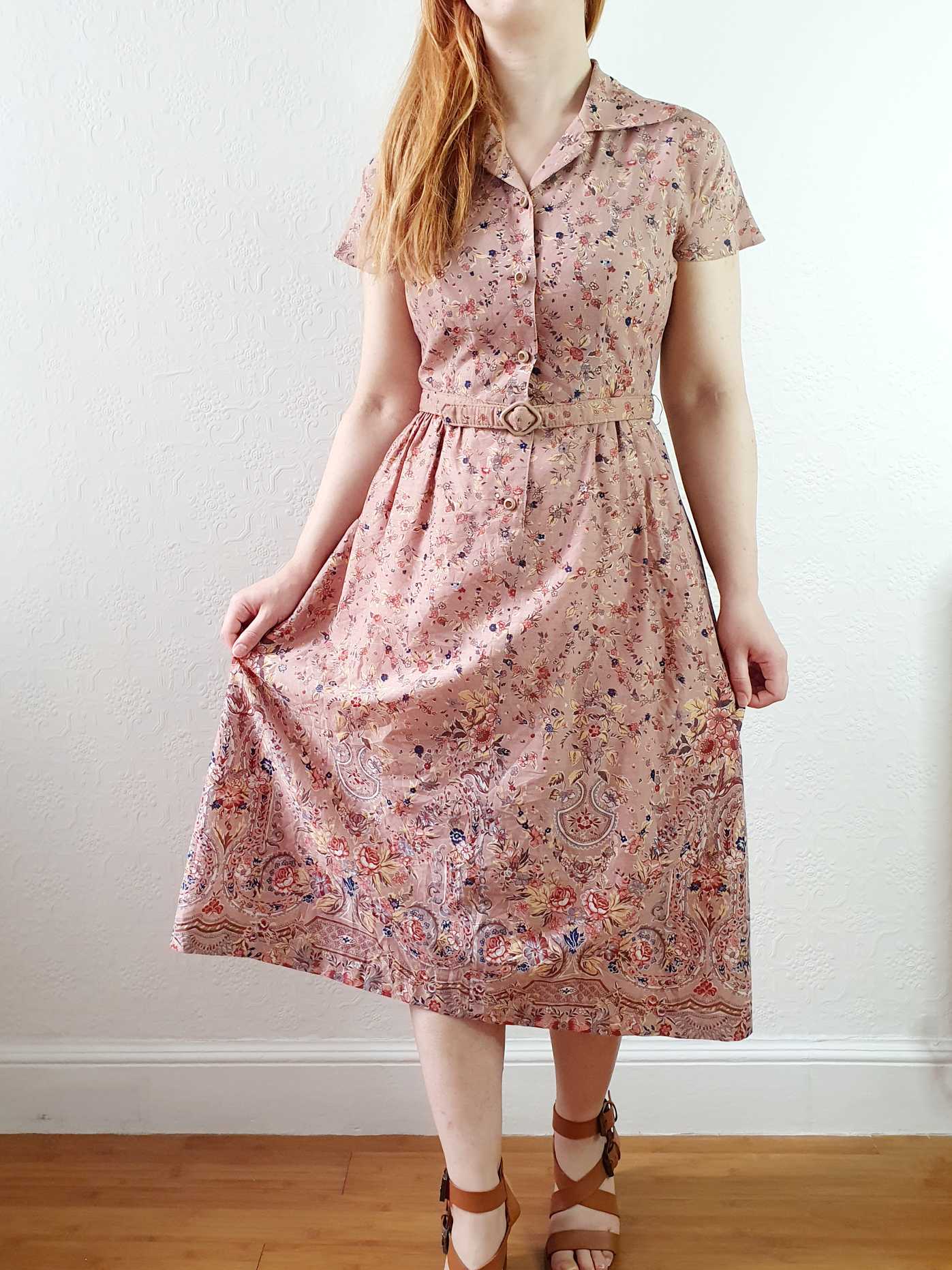 Vintage Dusty Pink Floral Short Sleeve Shirt Dress - XS/S - Image 5
