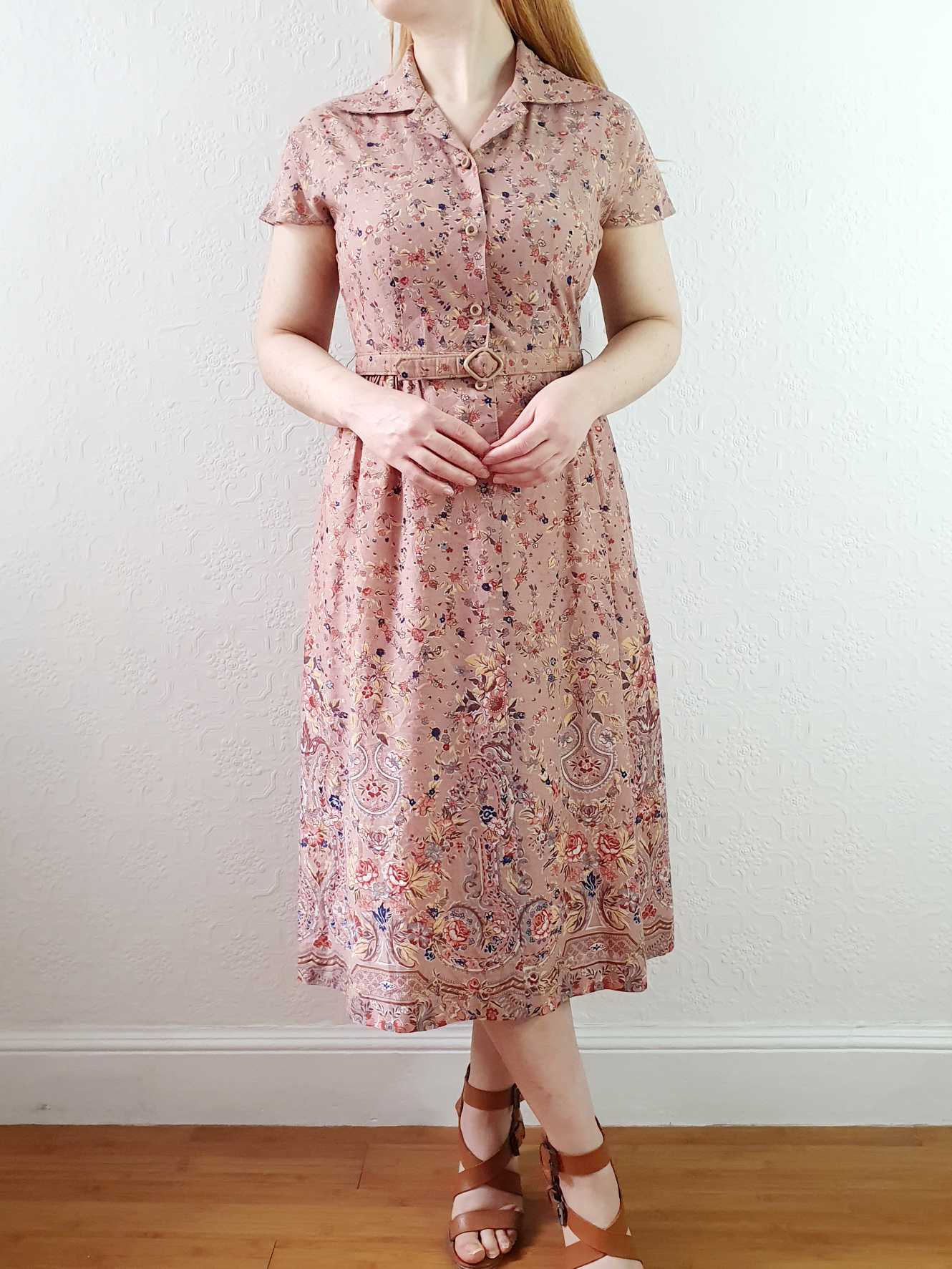 Vintage Dusty Pink Floral Short Sleeve Shirt Dress - XS/S - Image 6