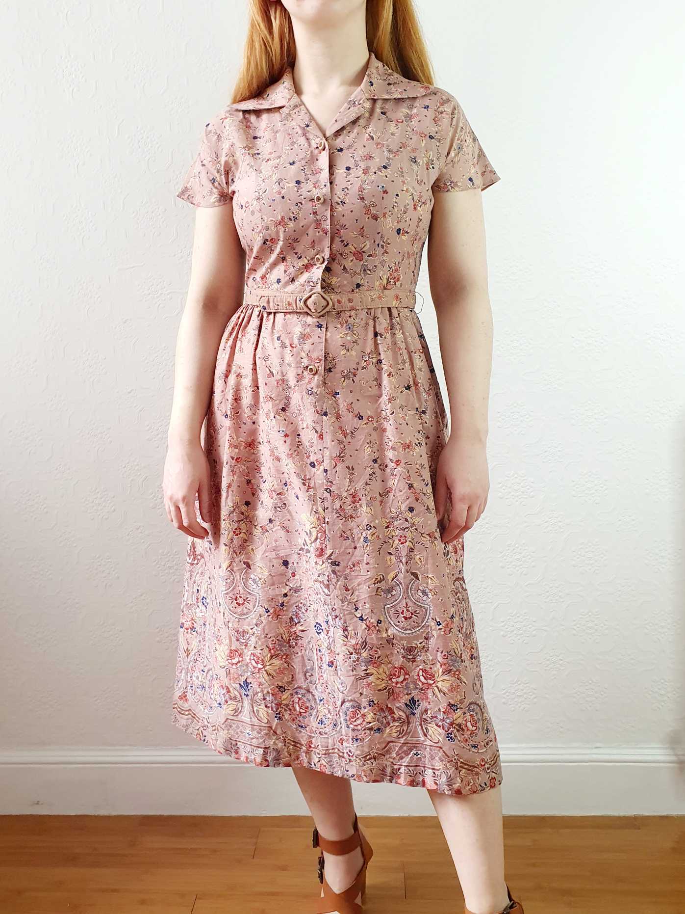 Vintage Dusty Pink Floral Short Sleeve Shirt Dress - XS/S - Image 7