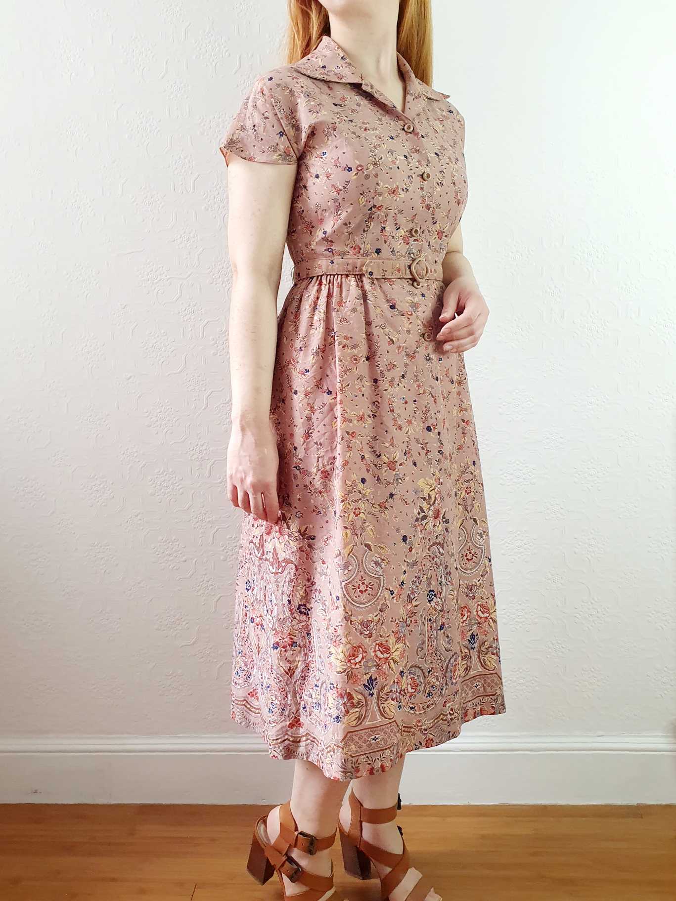 Vintage Dusty Pink Floral Short Sleeve Shirt Dress - XS/S - Image 8