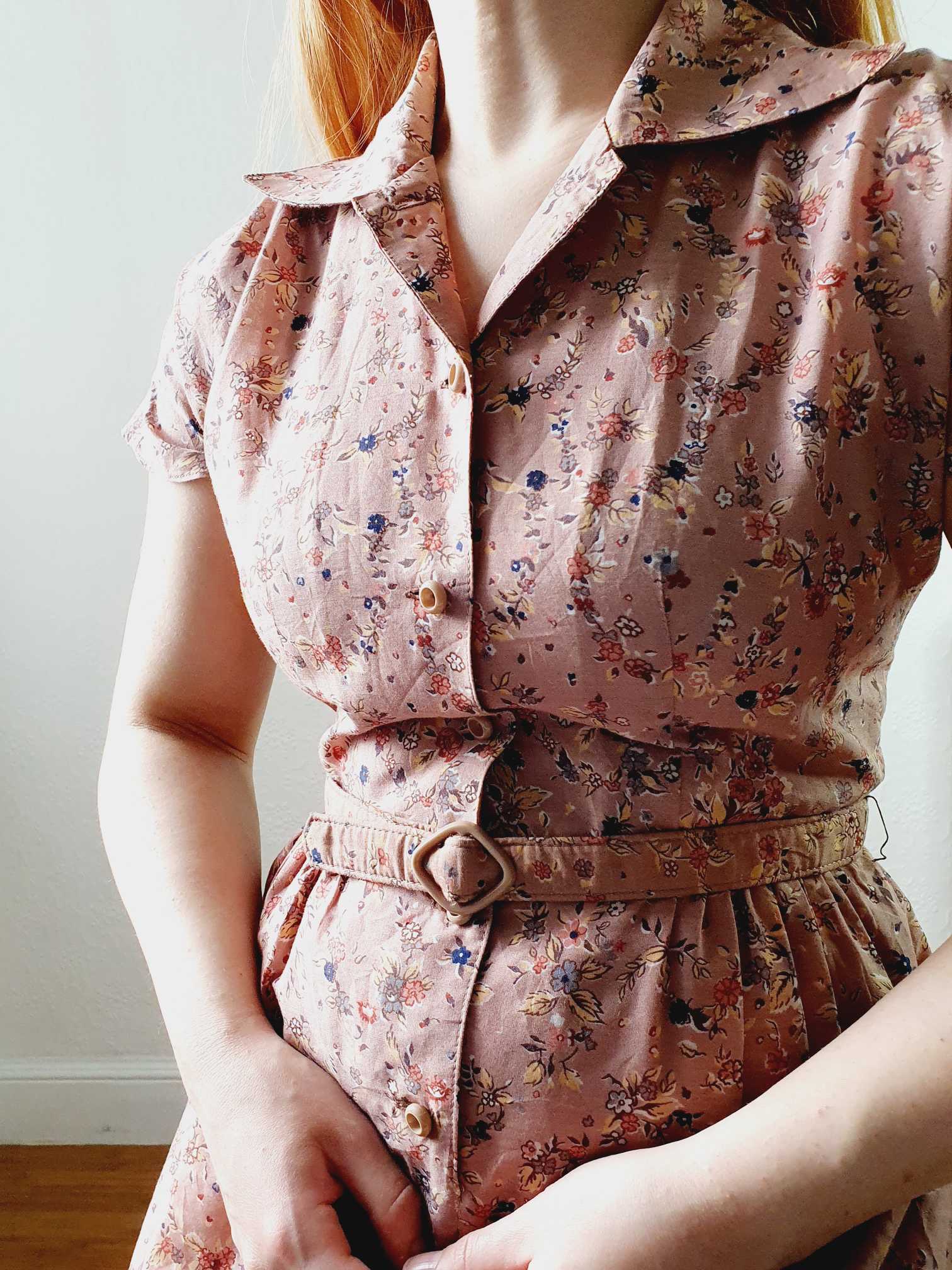 Vintage Dusty Pink Floral Short Sleeve Shirt Dress - XS/S - Image 9