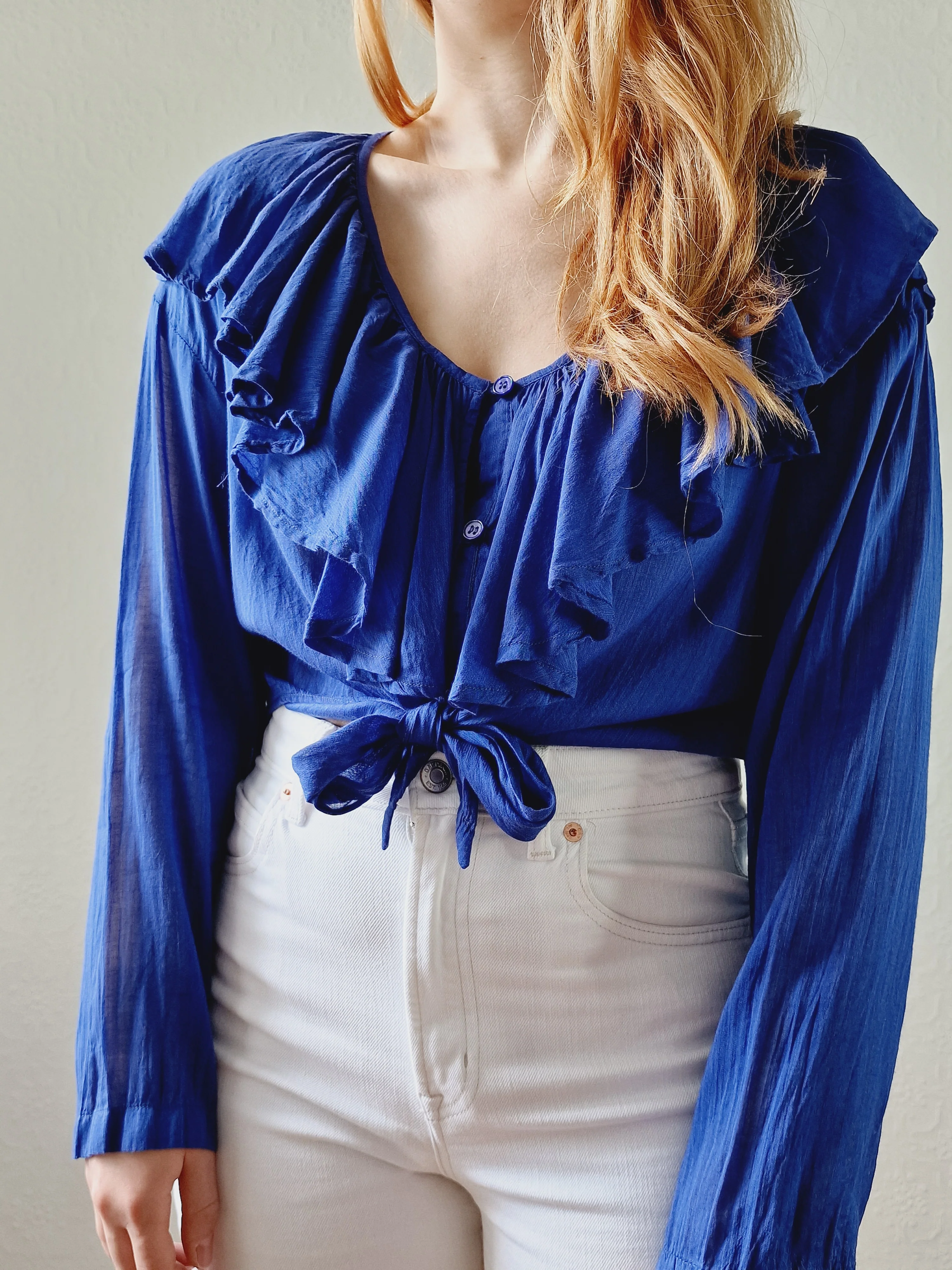 Vintage Electric Blue Blouse with Ruffles and Front Ties - S/M - Image 3