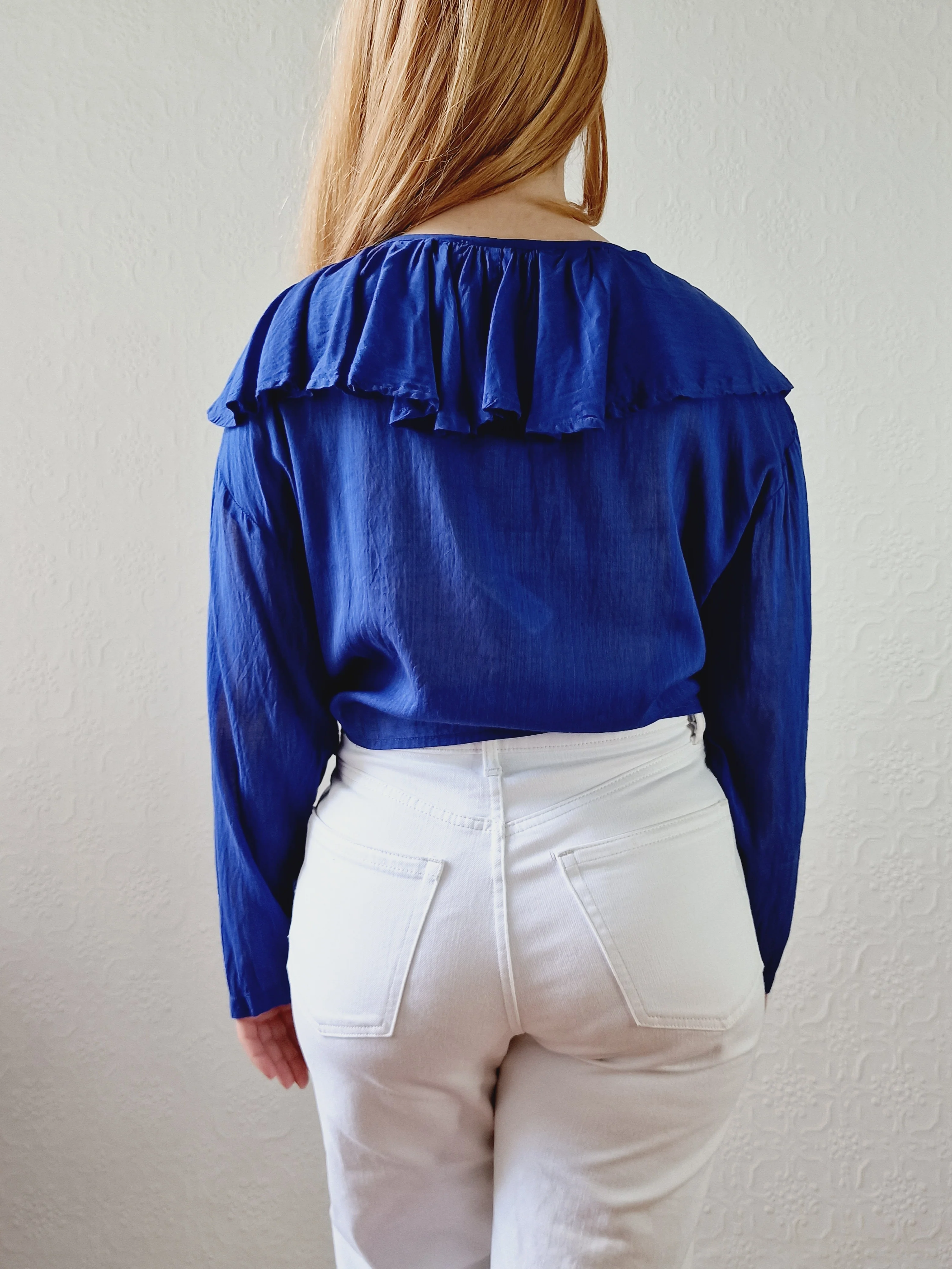 Vintage Electric Blue Blouse with Ruffles and Front Ties - S/M - Image 4