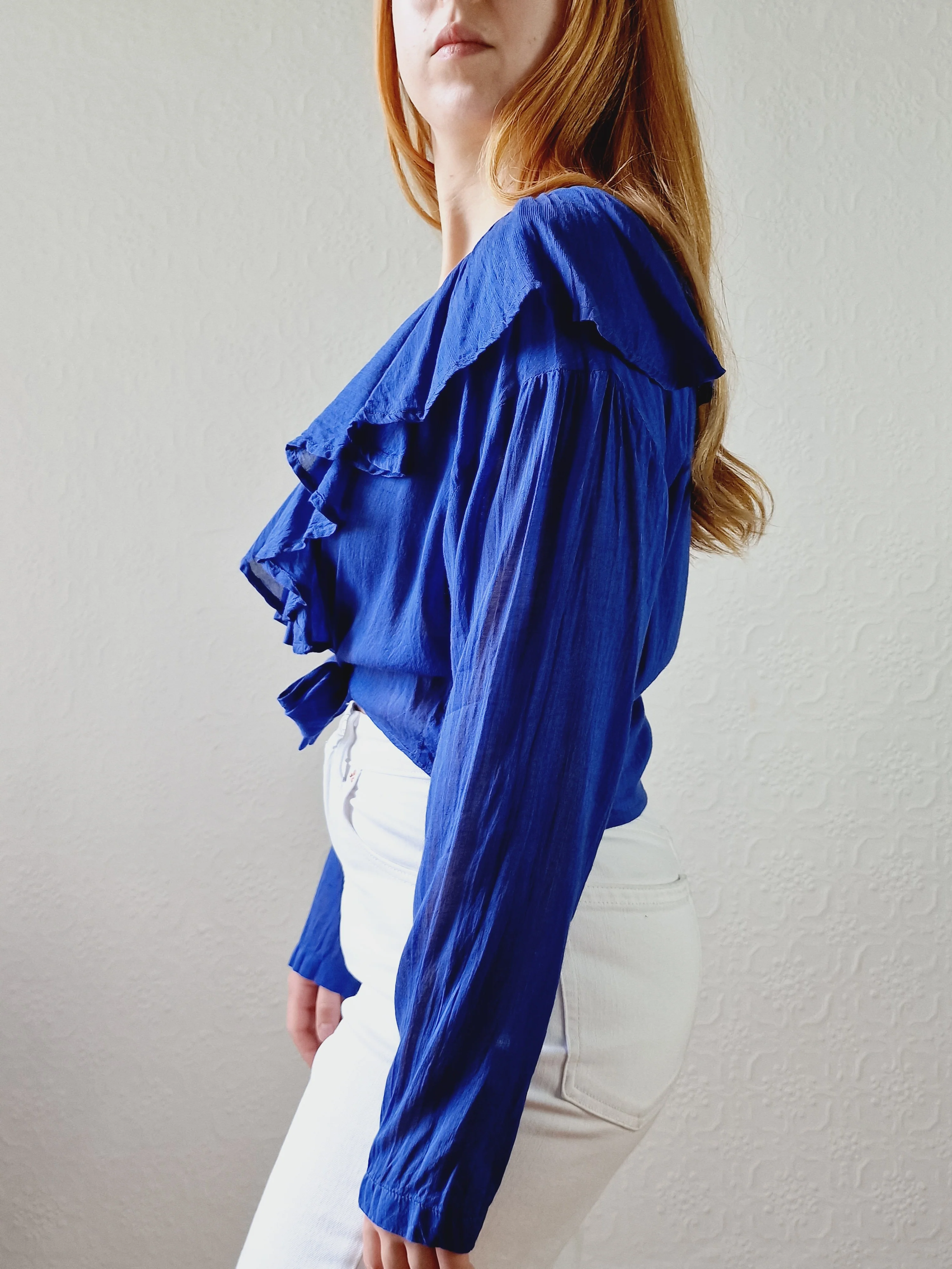 Vintage Electric Blue Blouse with Ruffles and Front Ties - S/M - Image 5