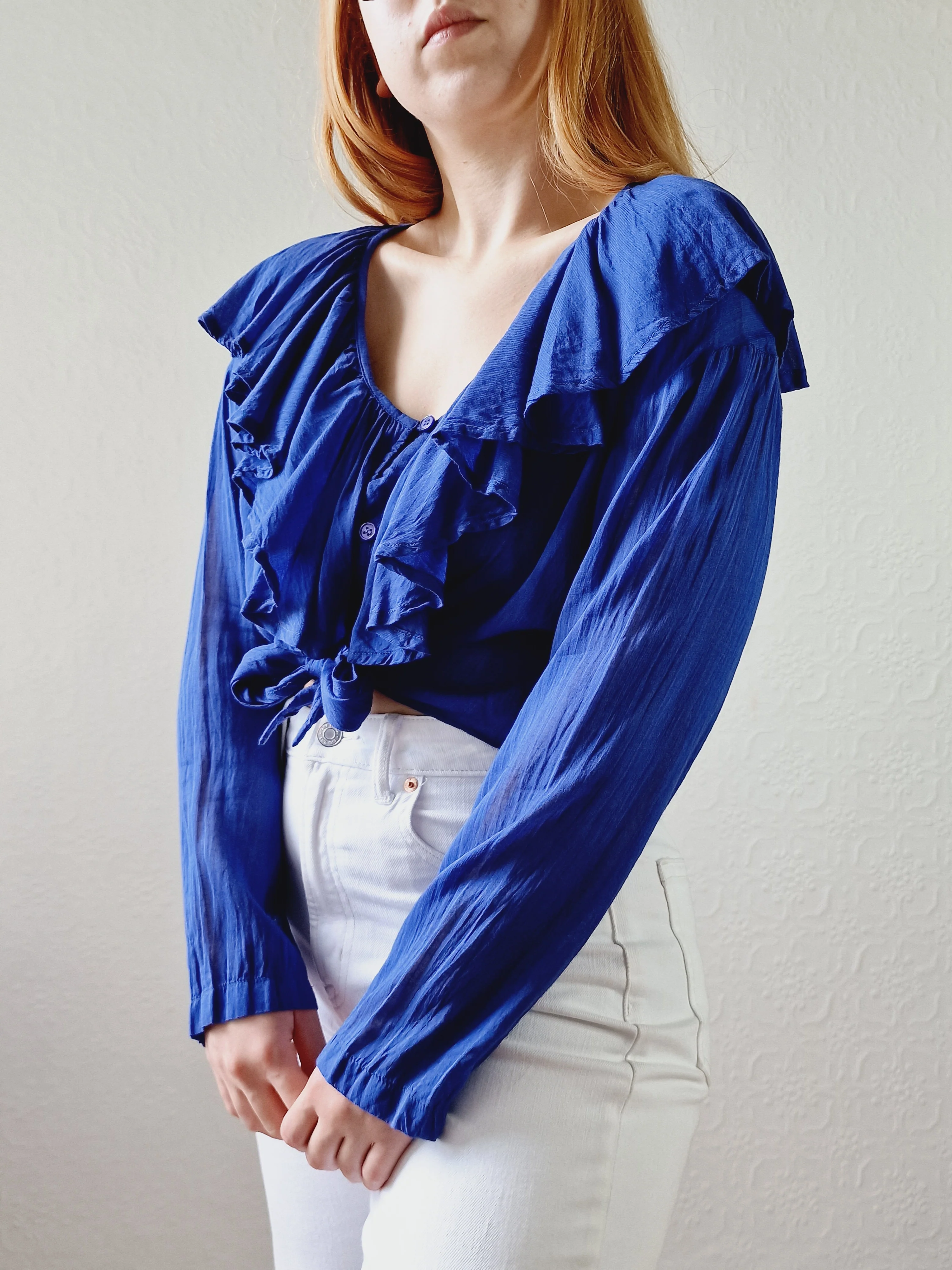 Vintage Electric Blue Blouse with Ruffles and Front Ties - S/M - Image 6