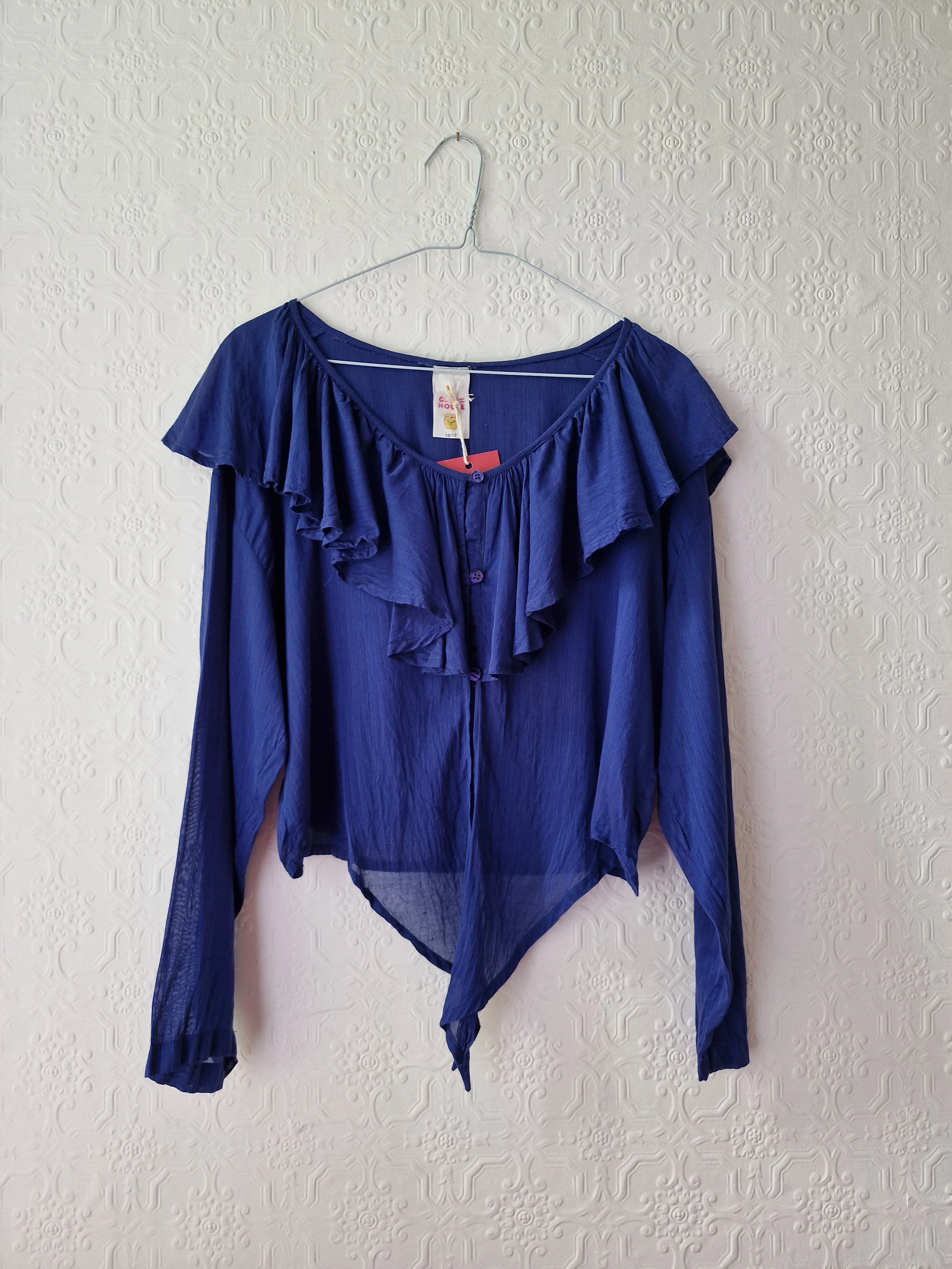 Vintage Electric Blue Blouse with Ruffles and Front Ties - S/M - Image 7