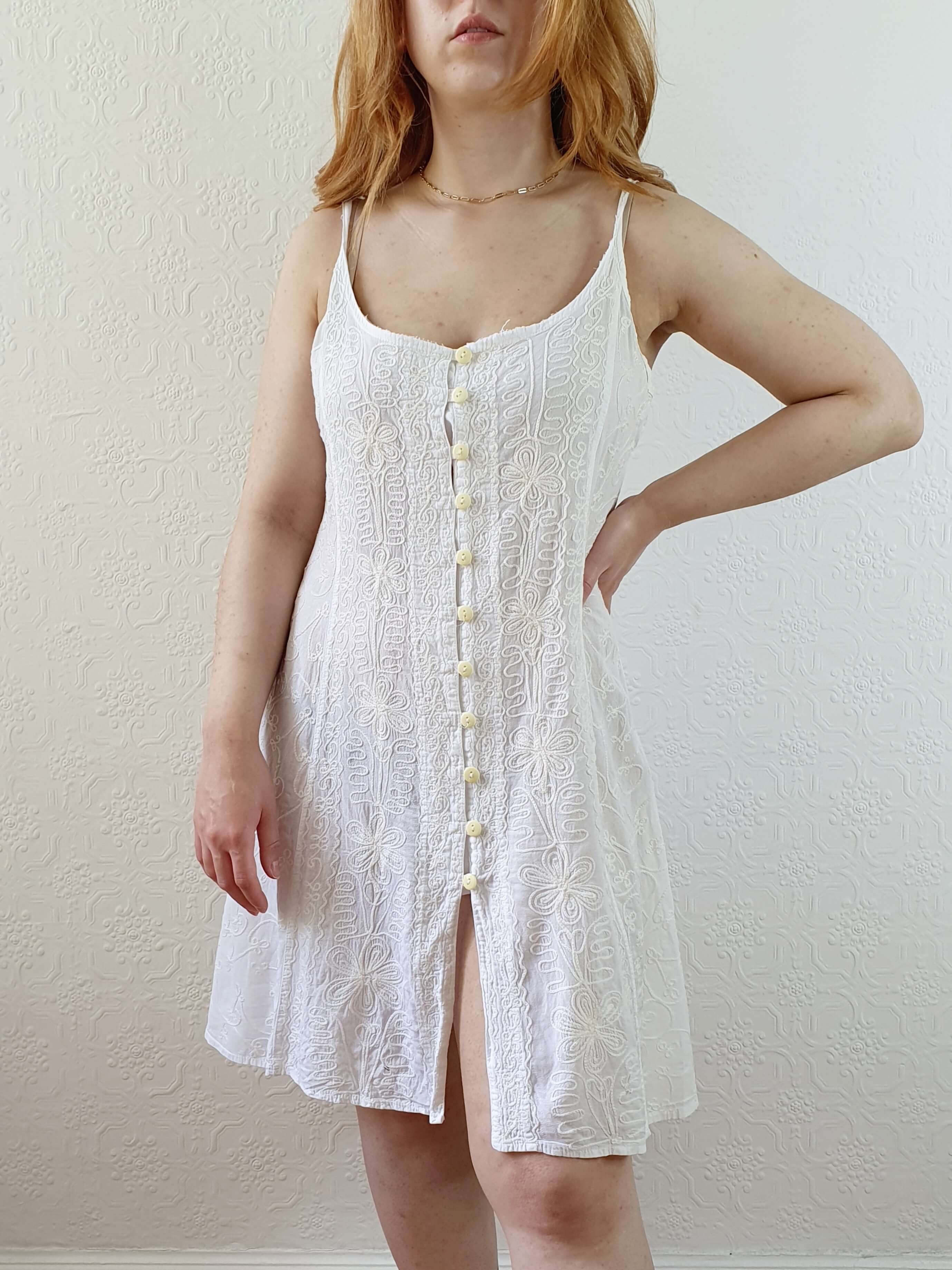 Vintage Embroidered White Spaghetti Strap Summer Dress - M