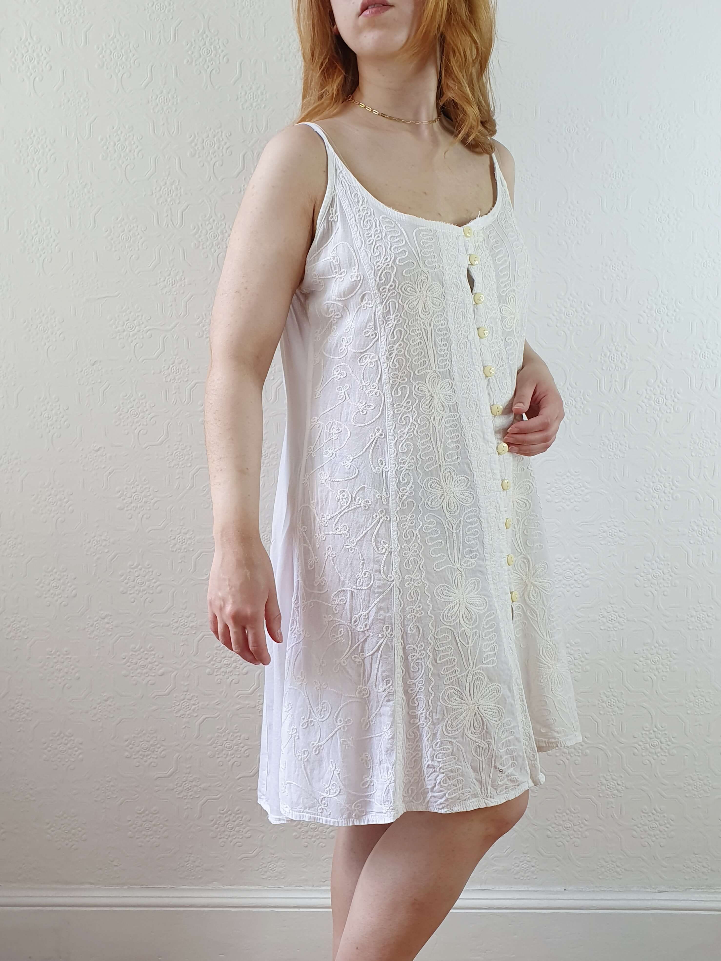 Vintage Embroidered White Spaghetti Strap Summer Dress - M - Image 10