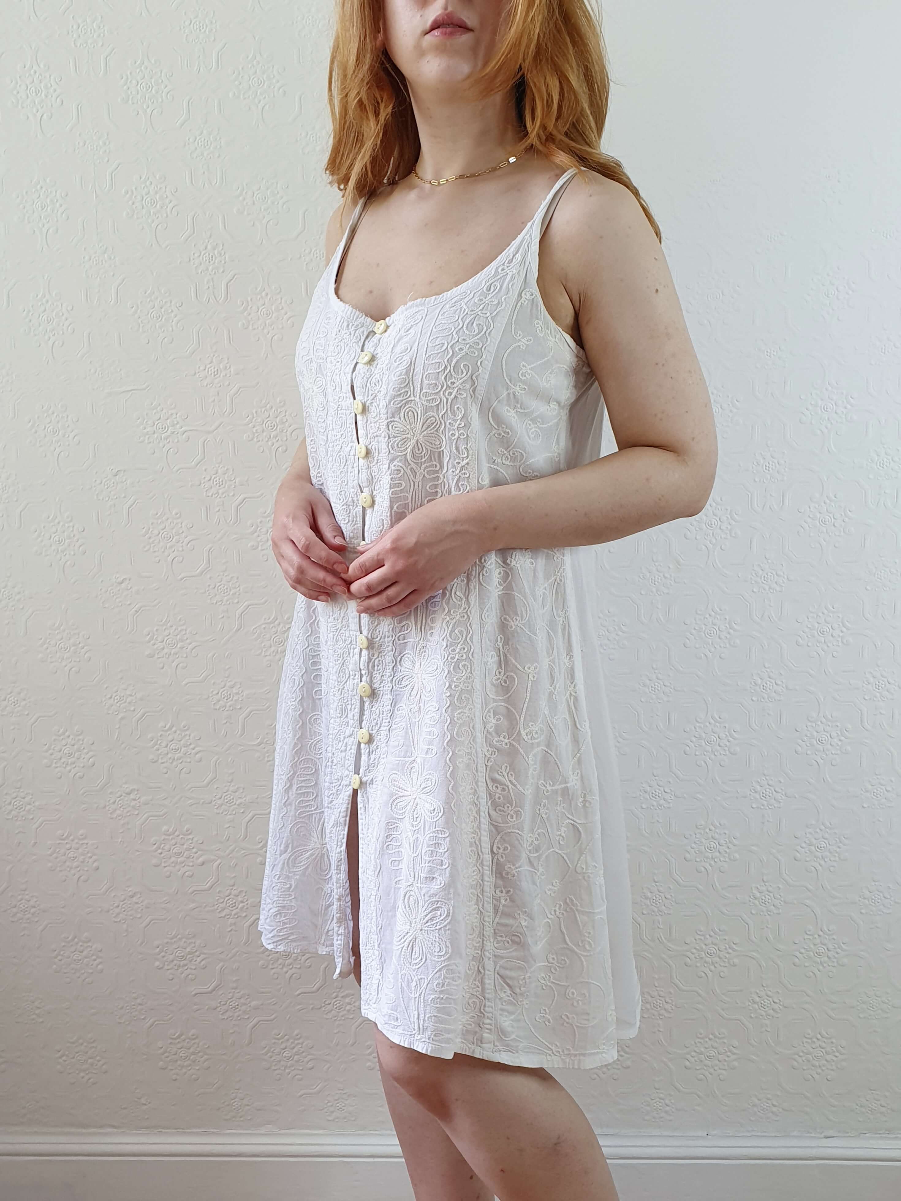 Vintage Embroidered White Spaghetti Strap Summer Dress - M - Image 2
