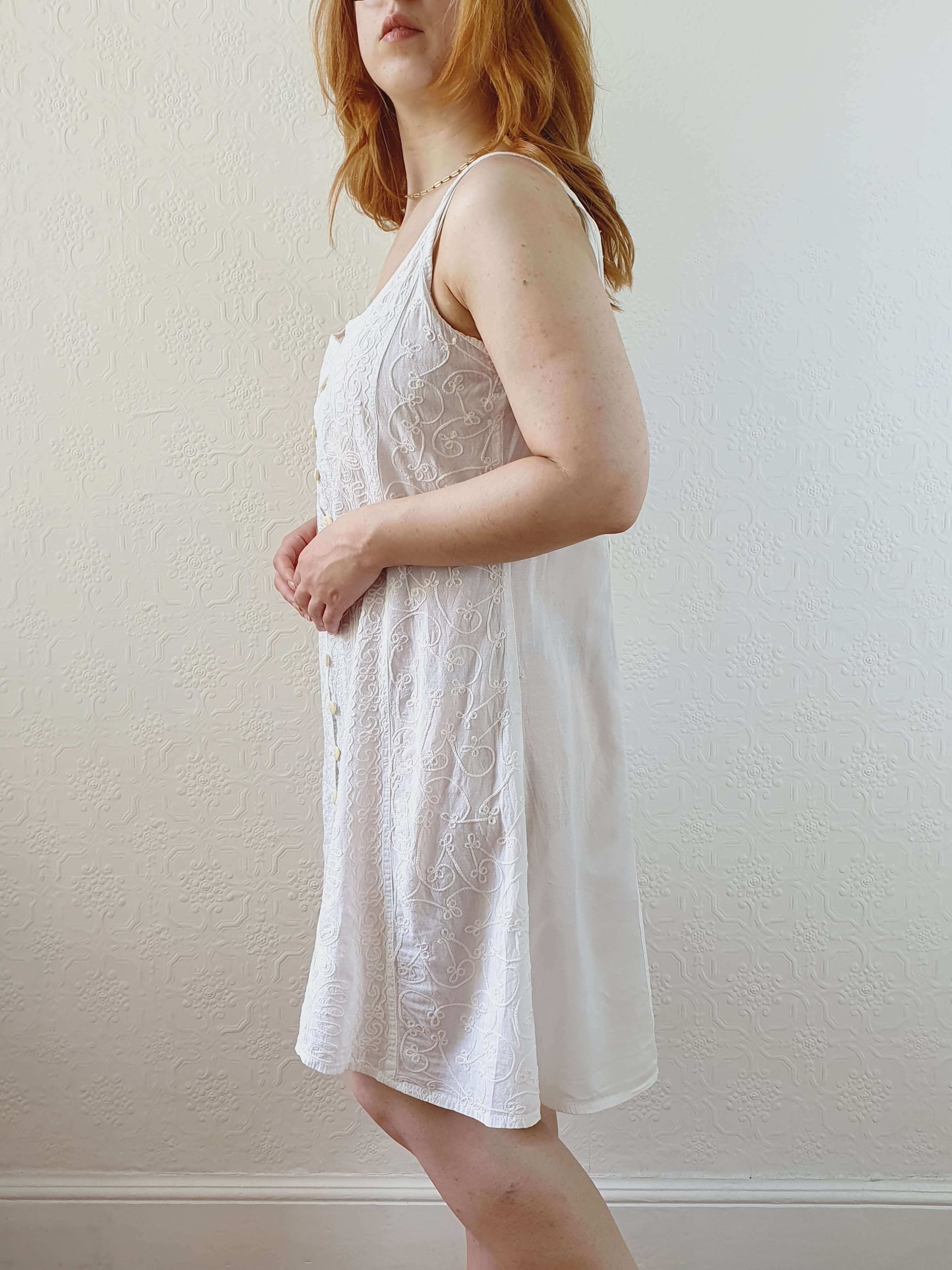 Vintage Embroidered White Spaghetti Strap Summer Dress - M - Image 3