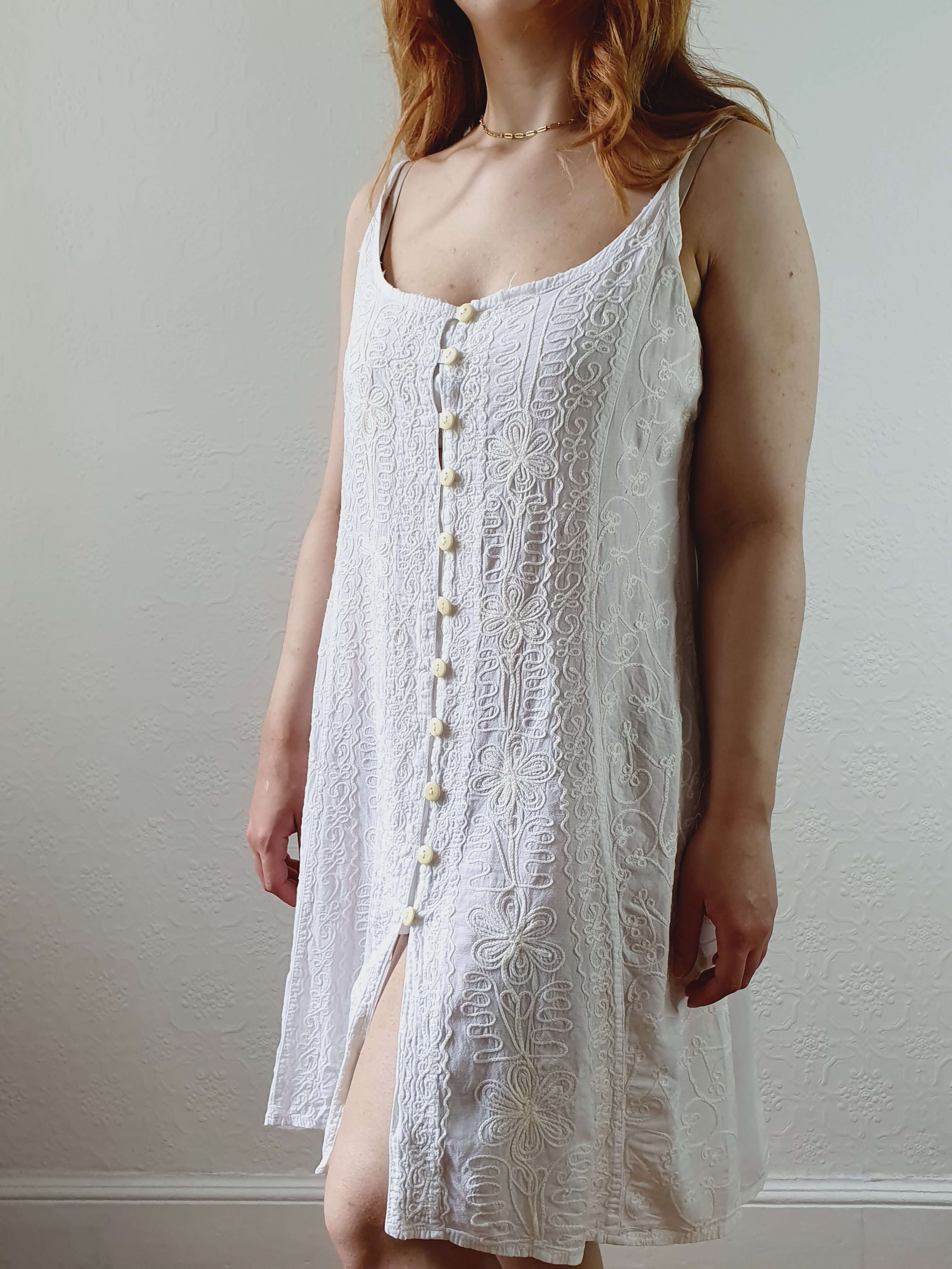 Vintage Embroidered White Spaghetti Strap Summer Dress - M - Image 6