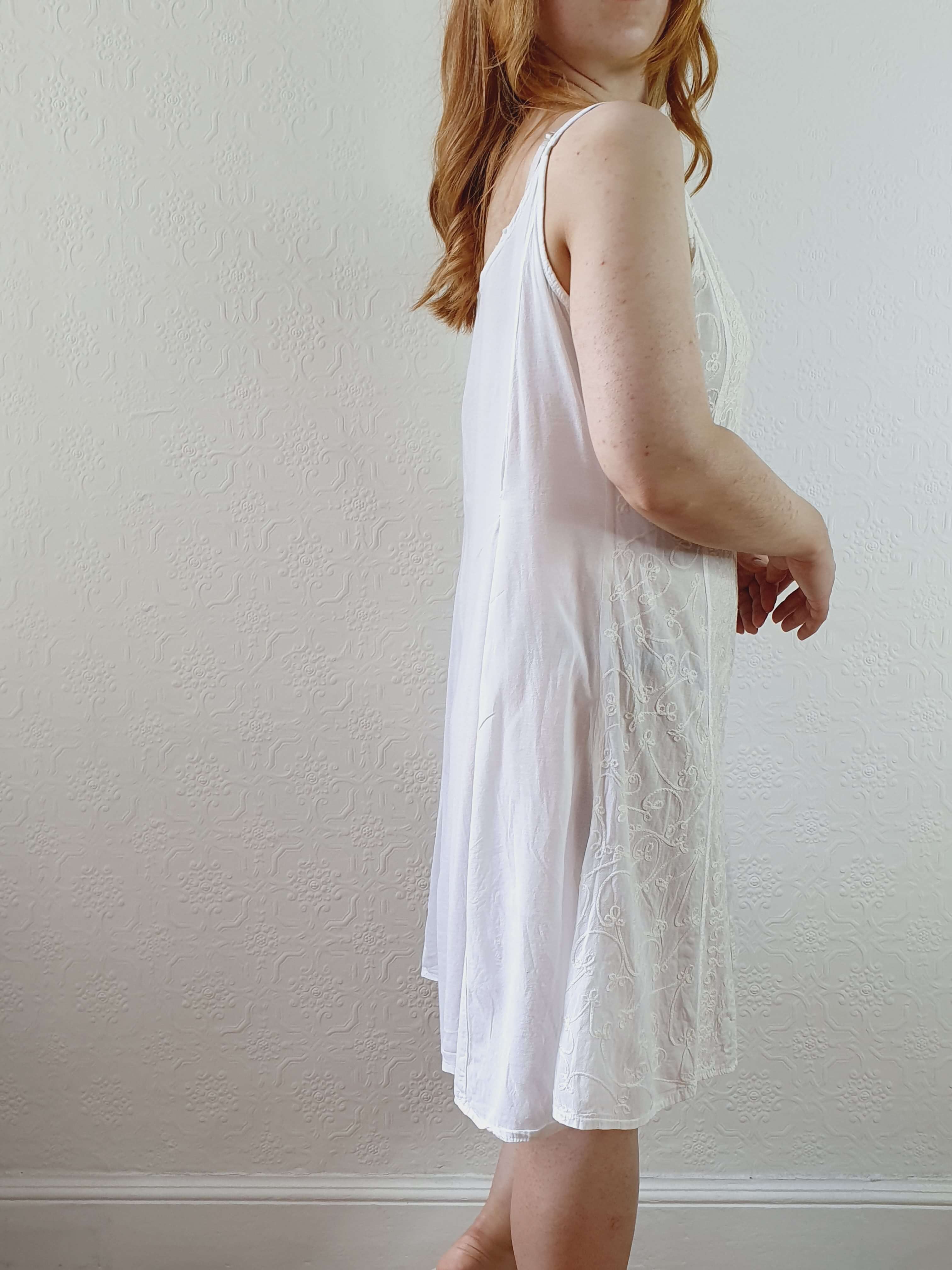 Vintage Embroidered White Spaghetti Strap Summer Dress - M - Image 9