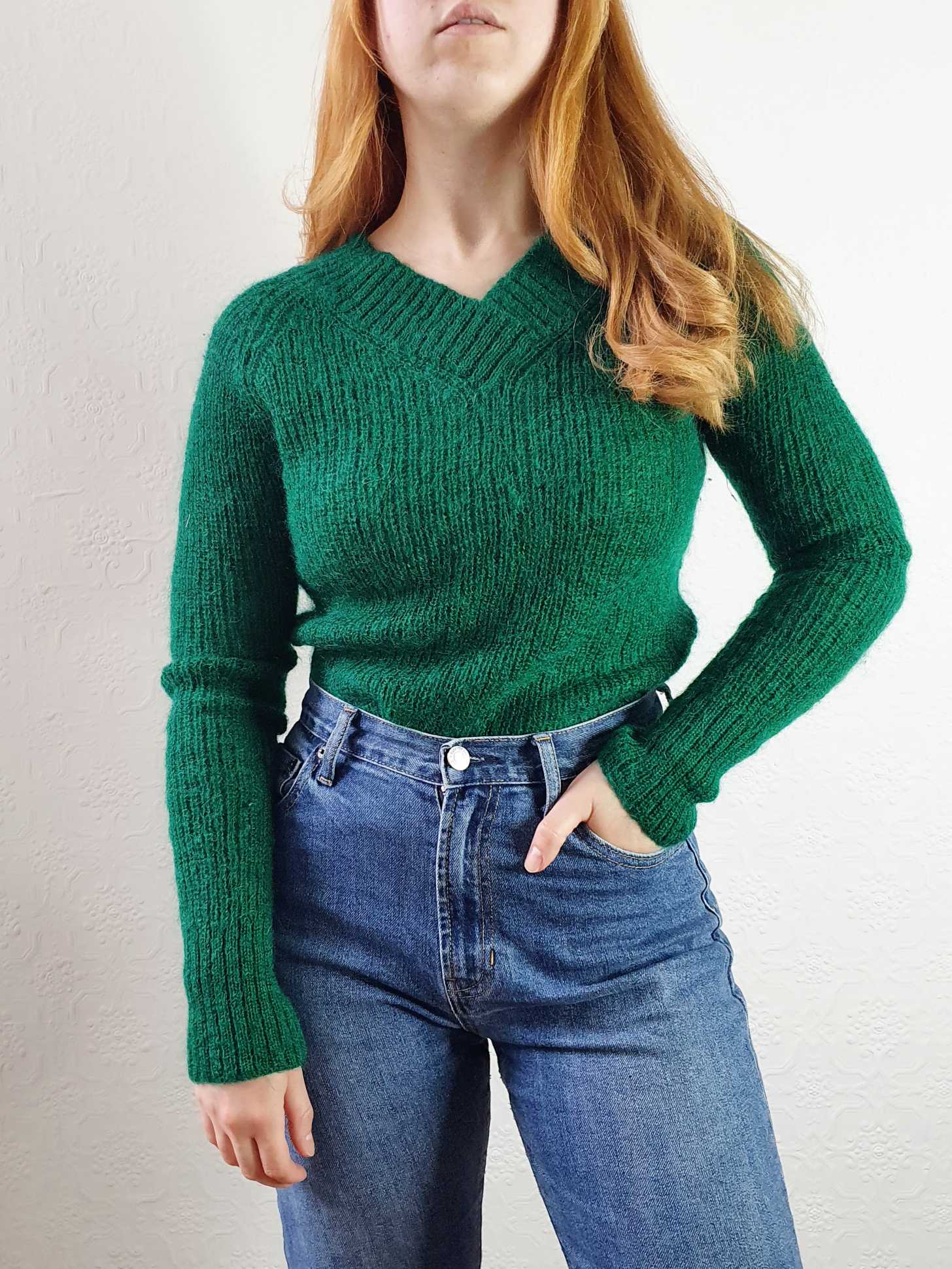 Vintage Emerald Green V-Neck Mohair Jumper - XS/S