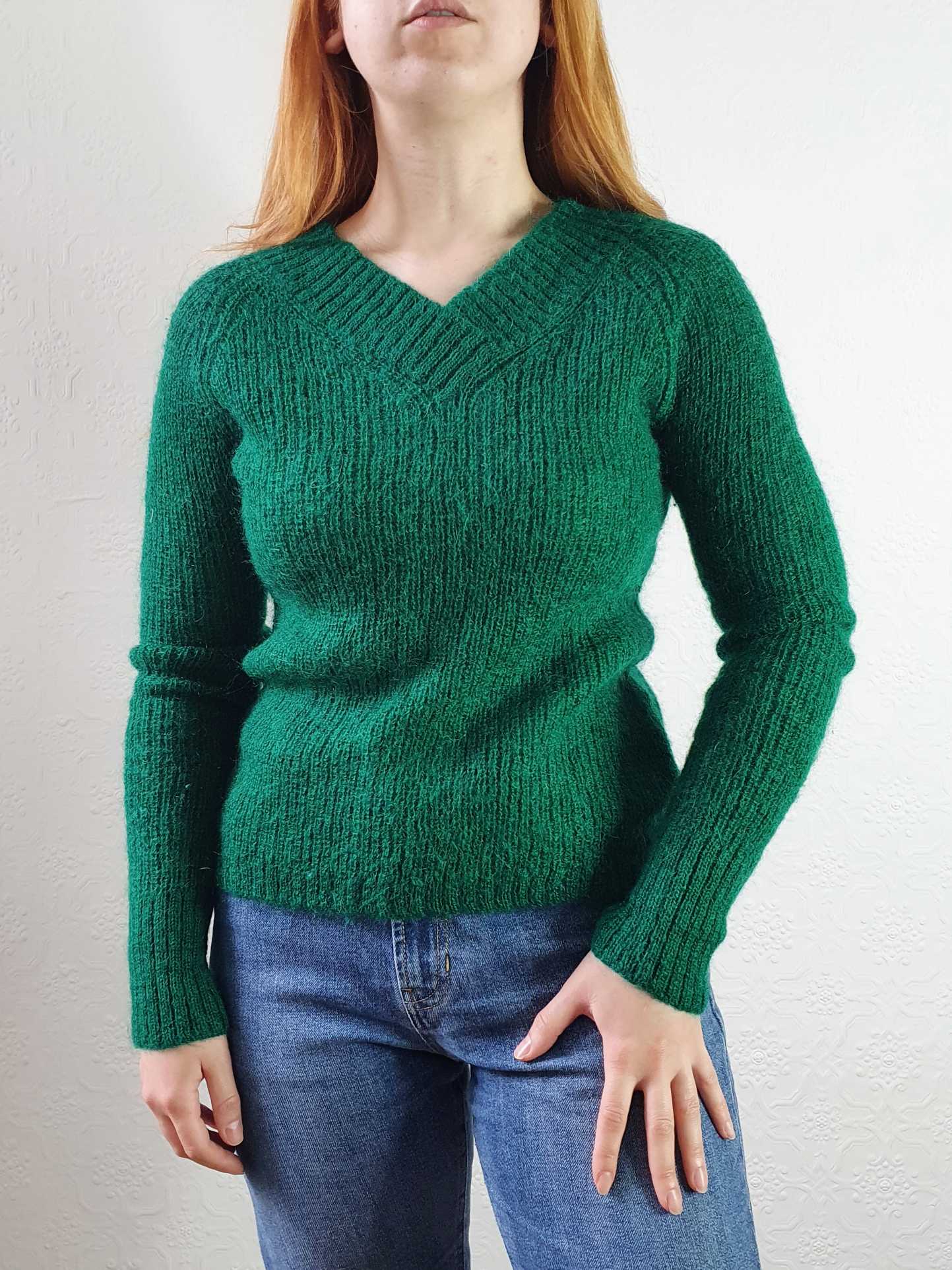 Vintage Emerald Green V-Neck Mohair Jumper - XS/S - Image 7