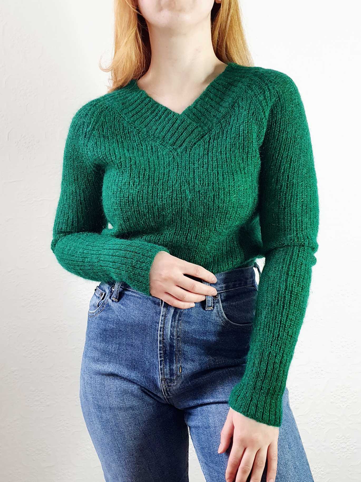 Vintage Emerald Green V-Neck Mohair Jumper - XS/S - Image 8