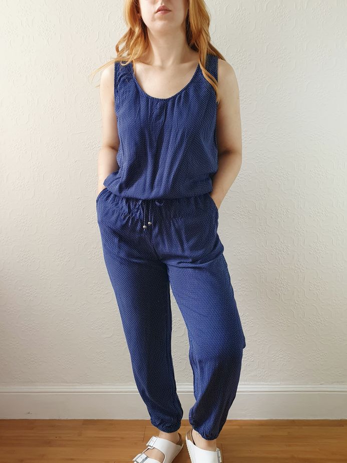 Vintage Esprit Navy Polka Dot Sleeveless Jumpsuit - M
