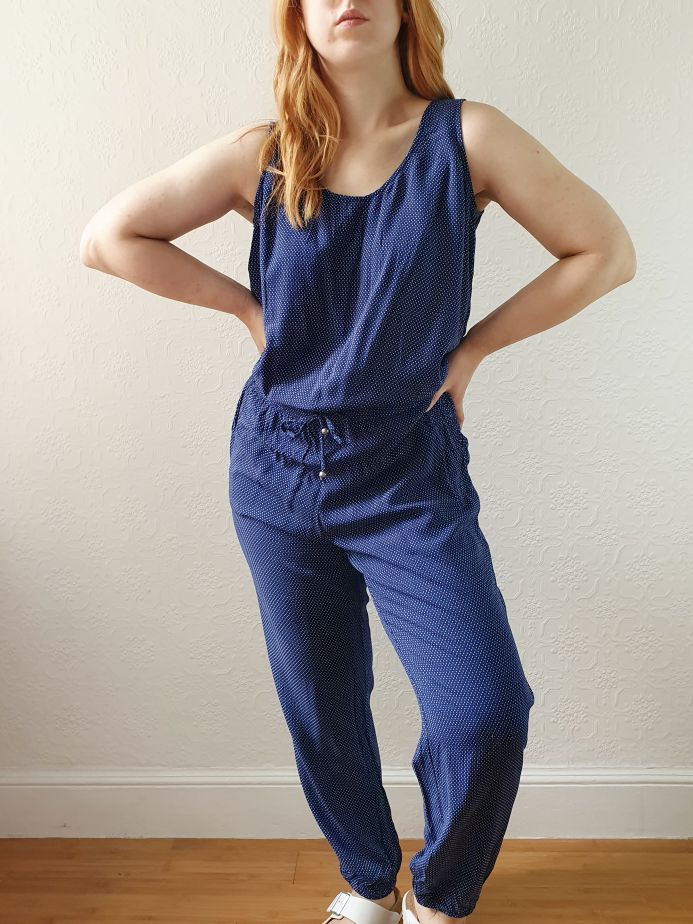 Vintage Esprit Navy Polka Dot Sleeveless Jumpsuit - M - Image 10