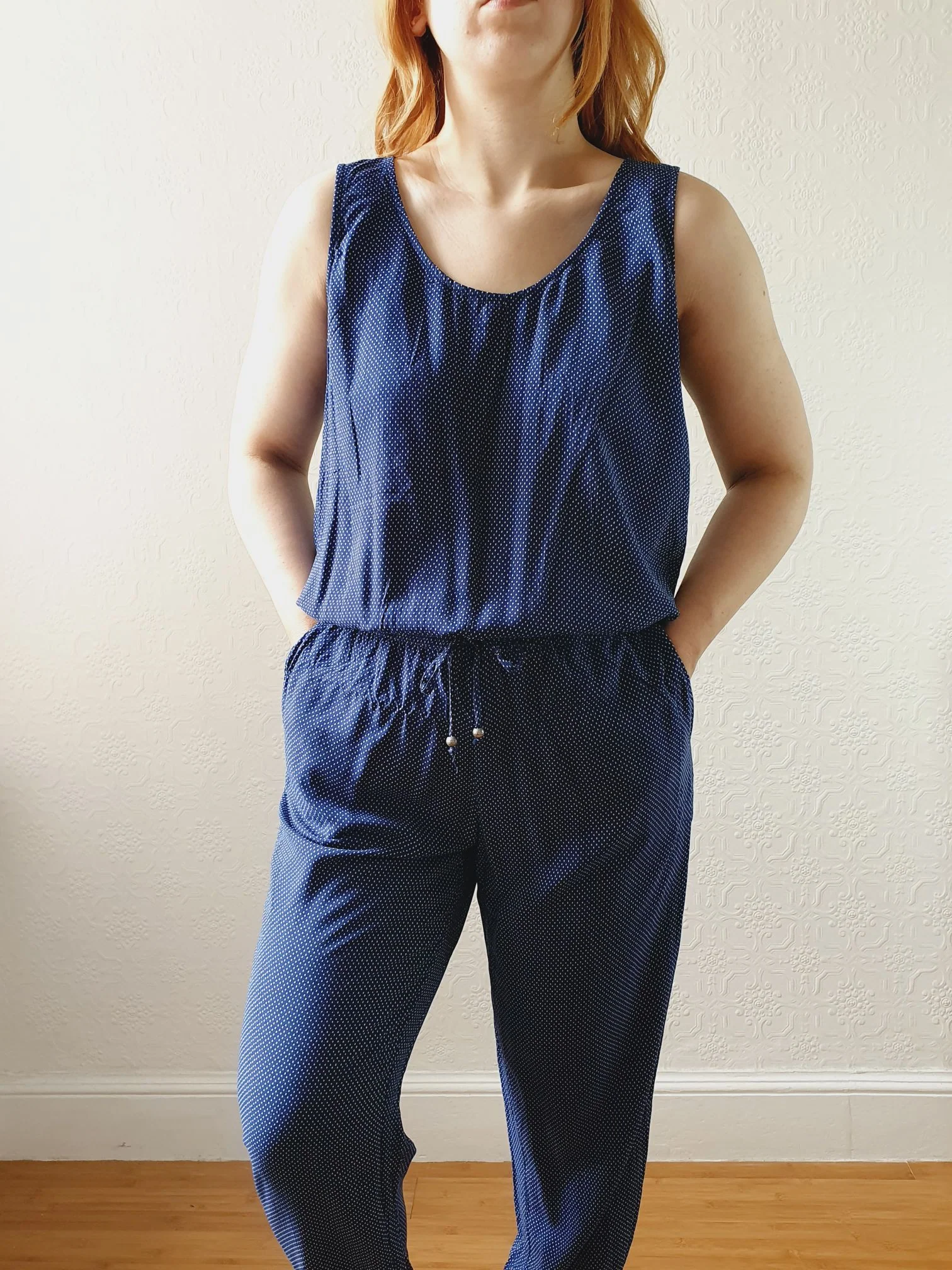 Vintage Esprit Navy Polka Dot Sleeveless Jumpsuit - M - Image 5