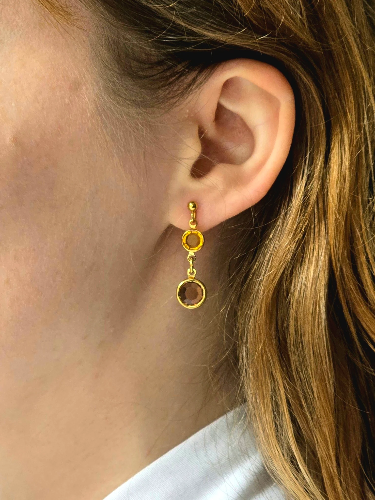 Vintage Gold Plated Amber Crystal Drop Earrings - Image 4