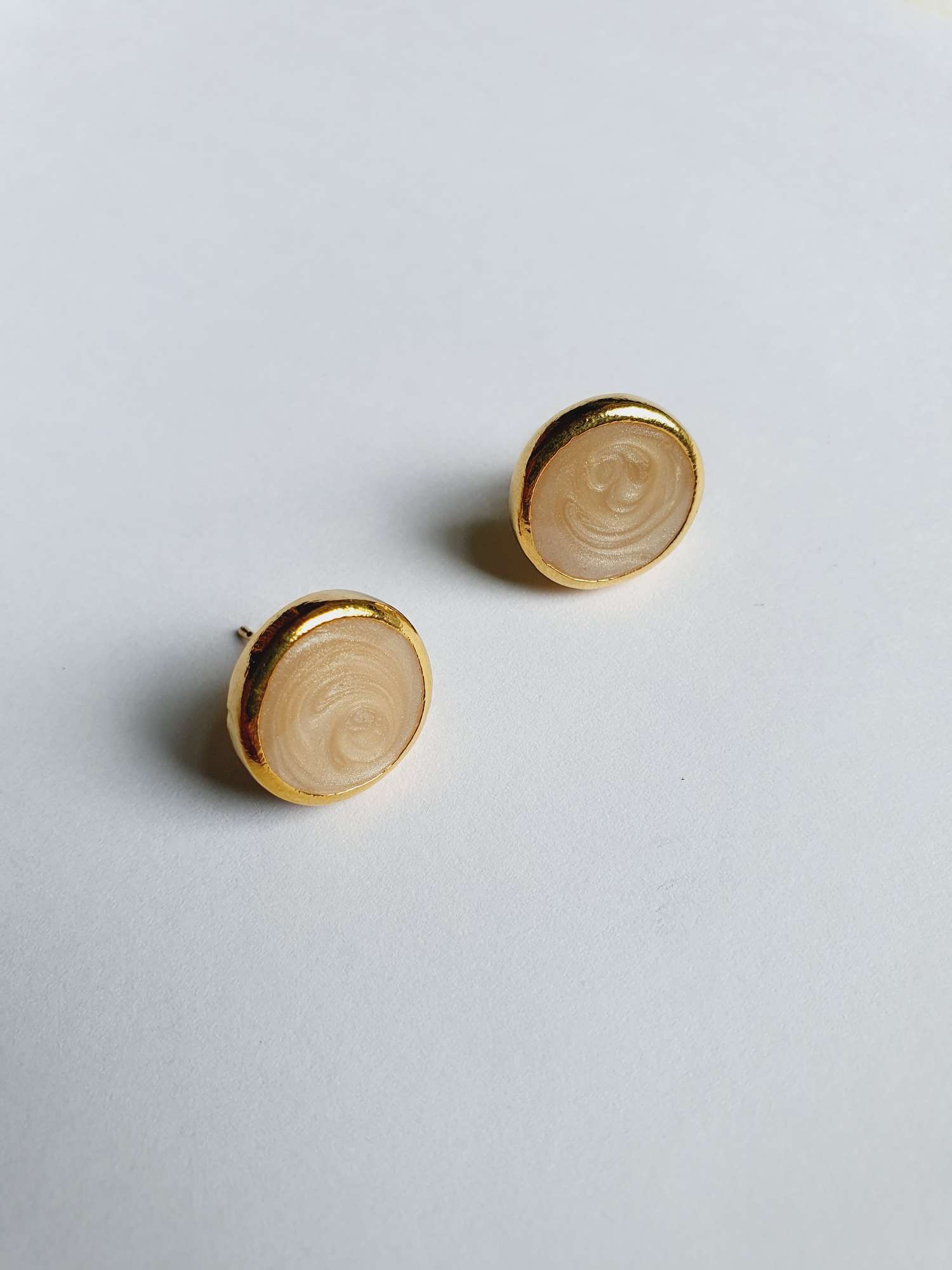 Vintage Gold Plated Beige Enamel Round Stud Earrings