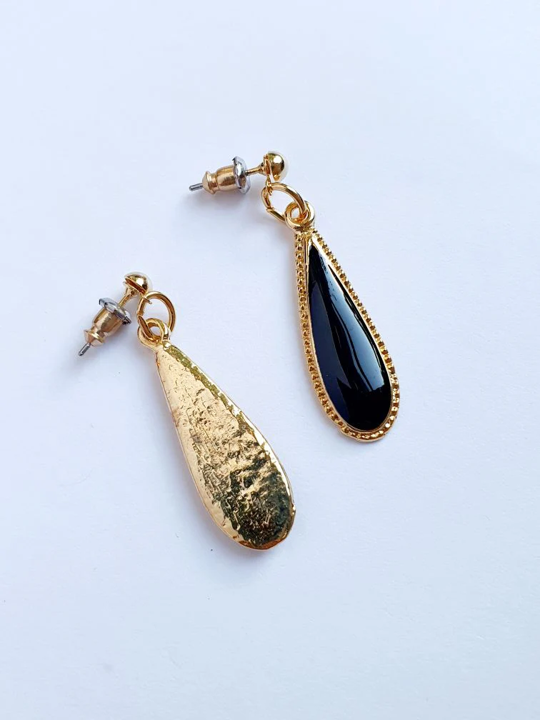 Vintage Gold Plated Black Enamel Drop Earrings - Image 3