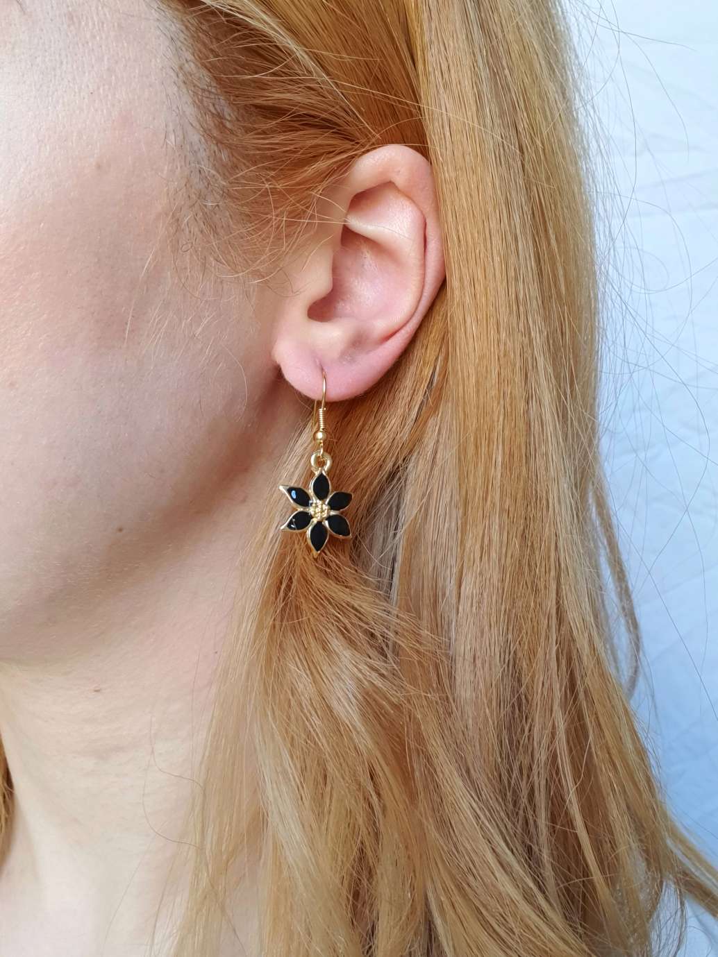 Vintage Gold Plated Black Enamel Drop Flower Earrings - Image 2