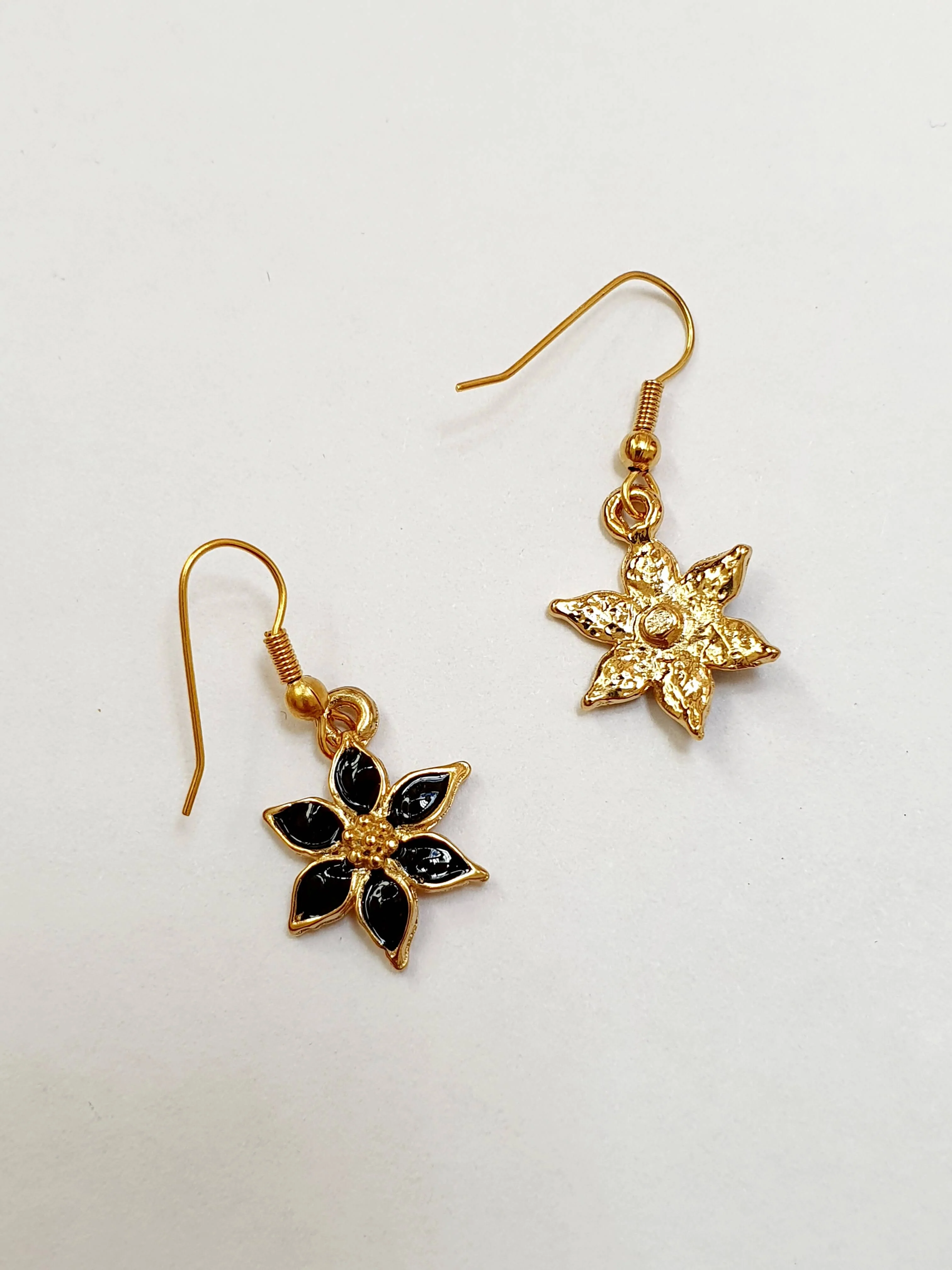 Vintage Gold Plated Black Enamel Drop Flower Earrings - Image 3