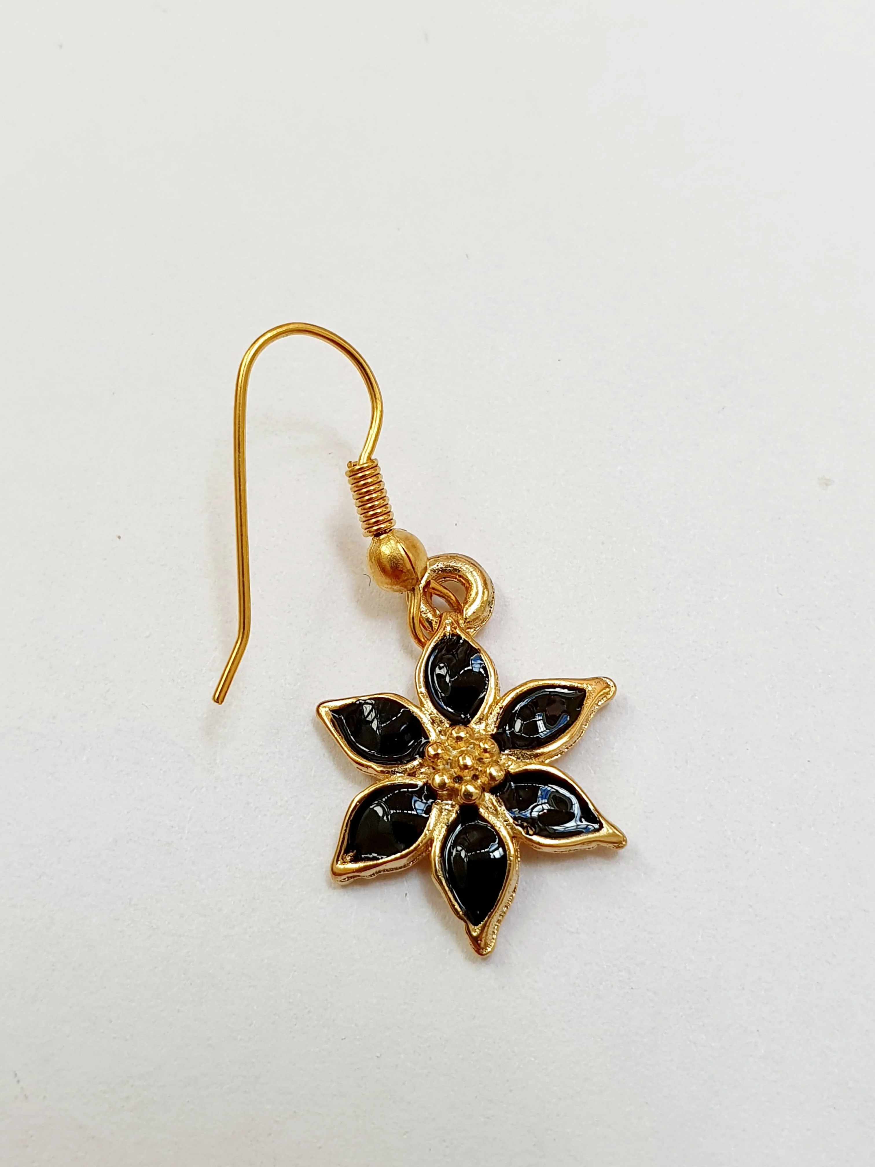 Vintage Gold Plated Black Enamel Drop Flower Earrings - Image 4