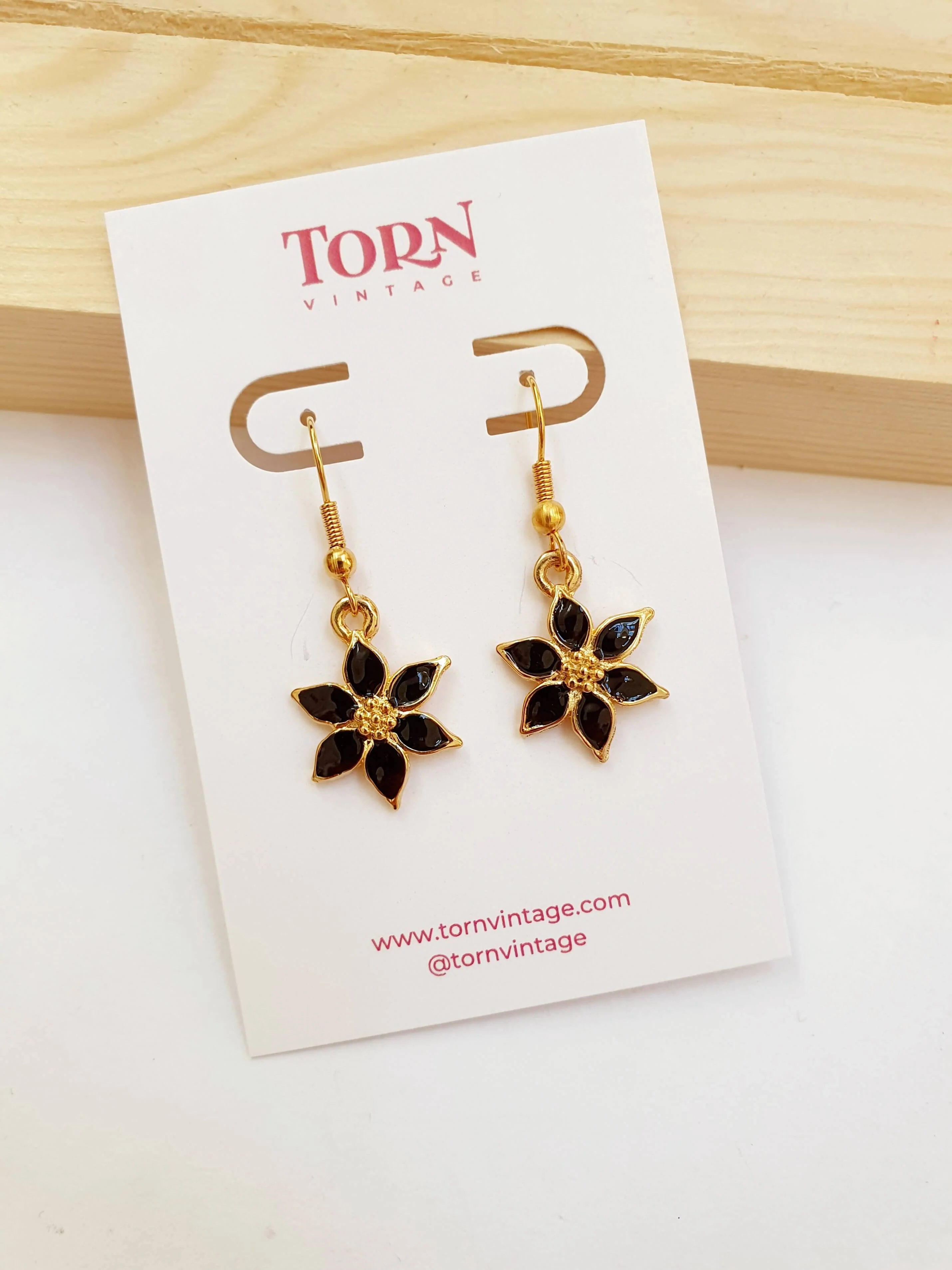 Vintage Gold Plated Black Enamel Drop Flower Earrings - Image 5