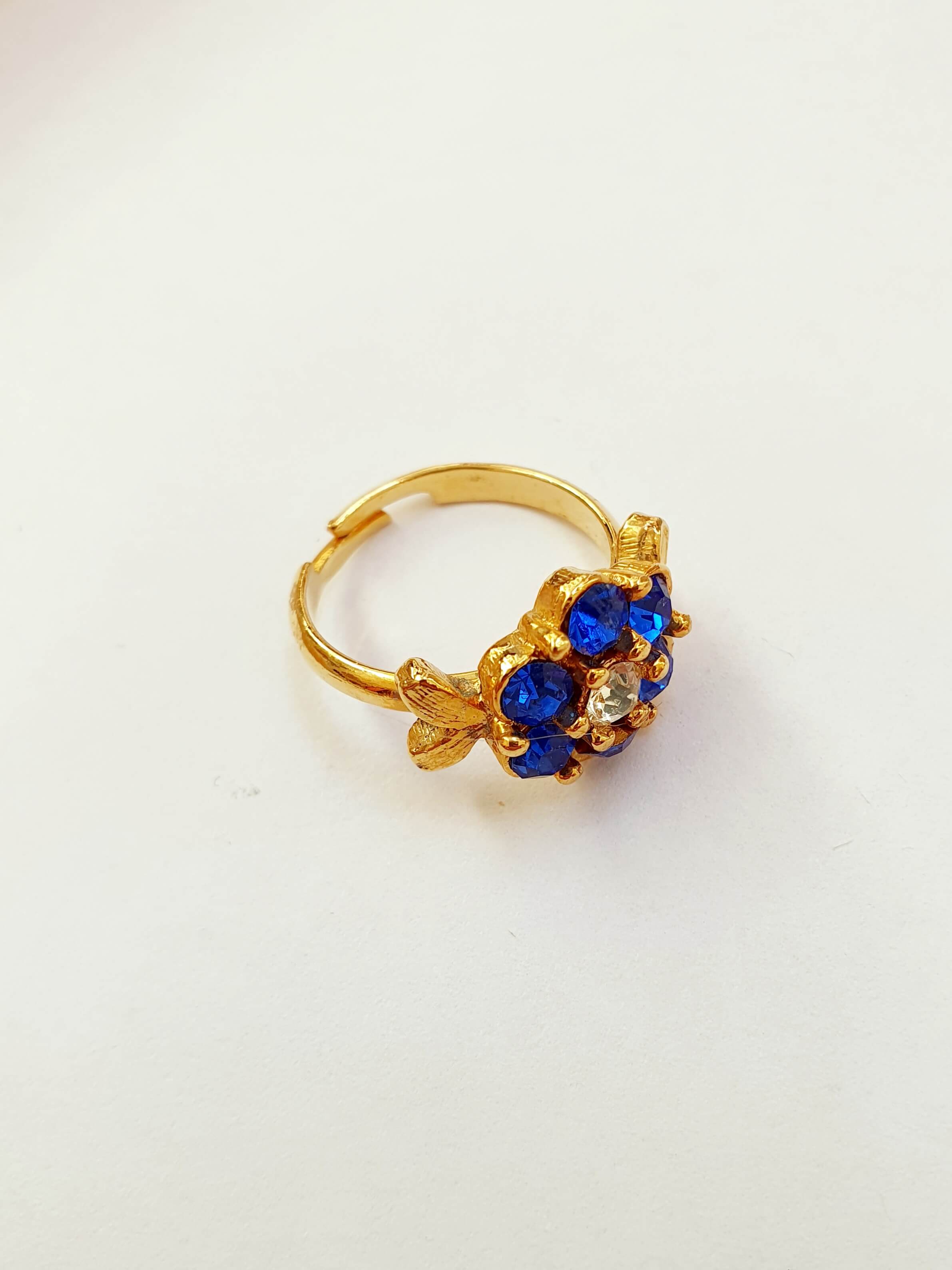 Vintage Gold Plated Blue Crystal Flower Cocktail Ring - Image 3
