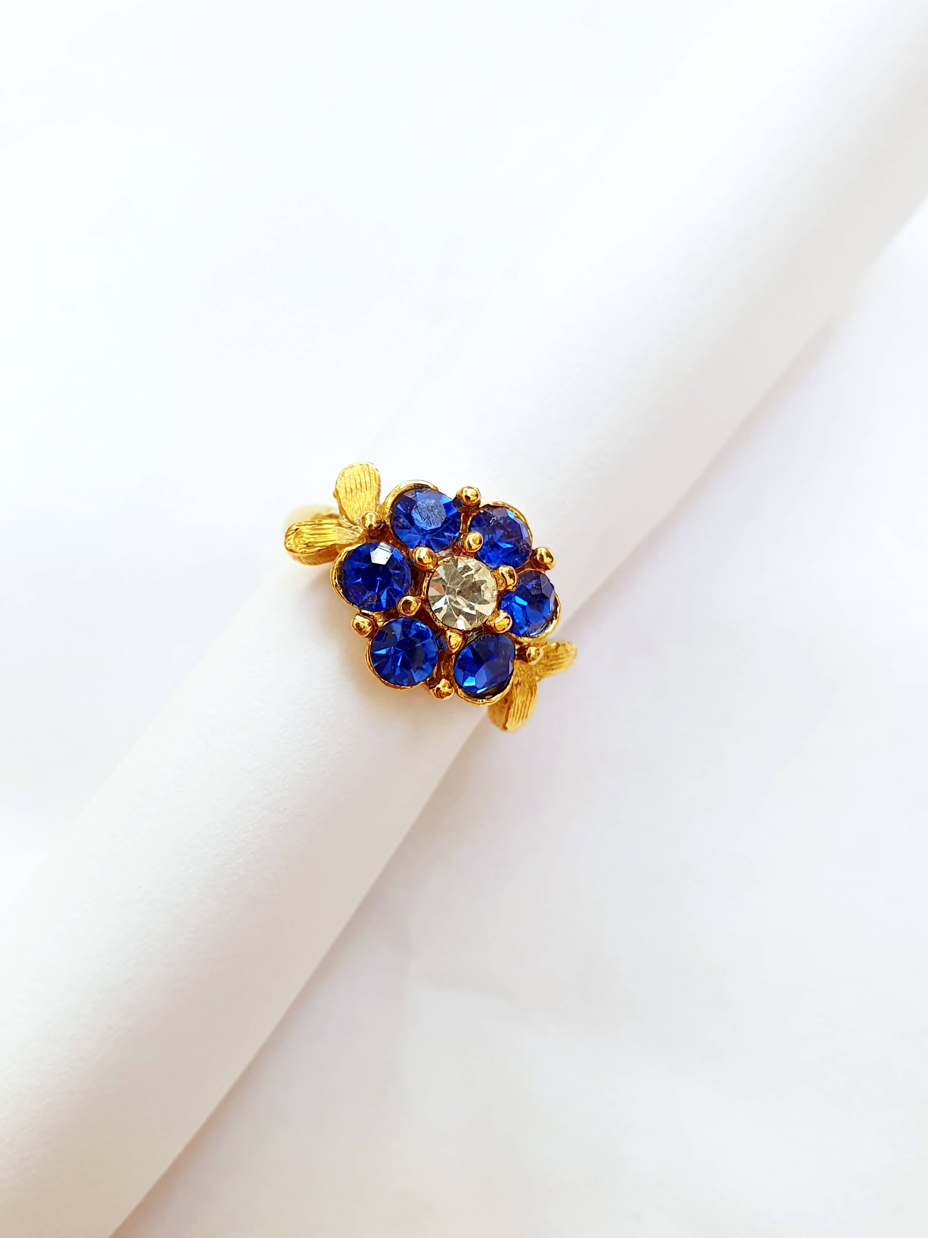 Vintage Gold Plated Blue Crystal Flower Cocktail Ring - Image 8