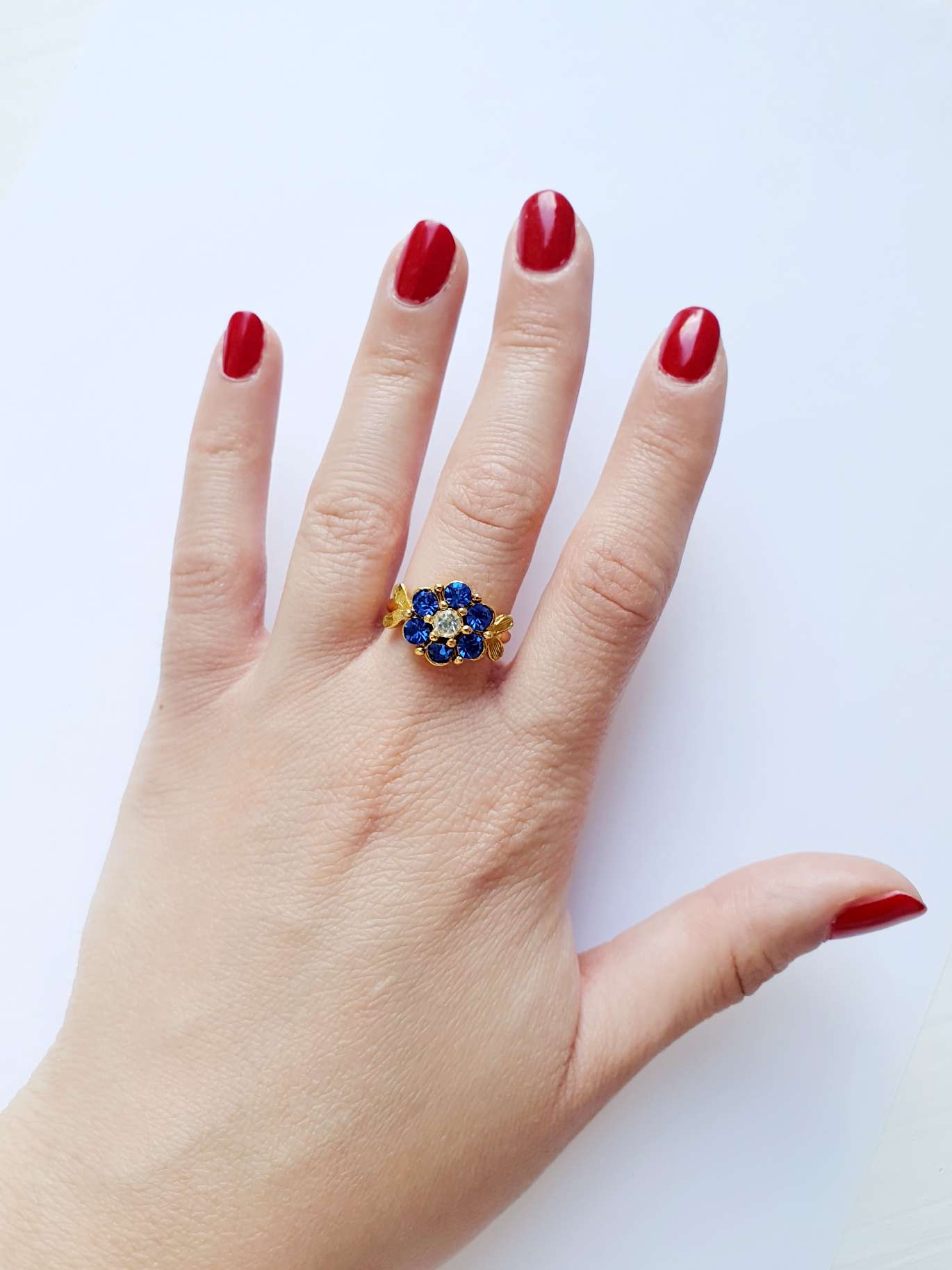 Vintage Gold Plated Blue Crystal Flower Cocktail Ring - Image 9