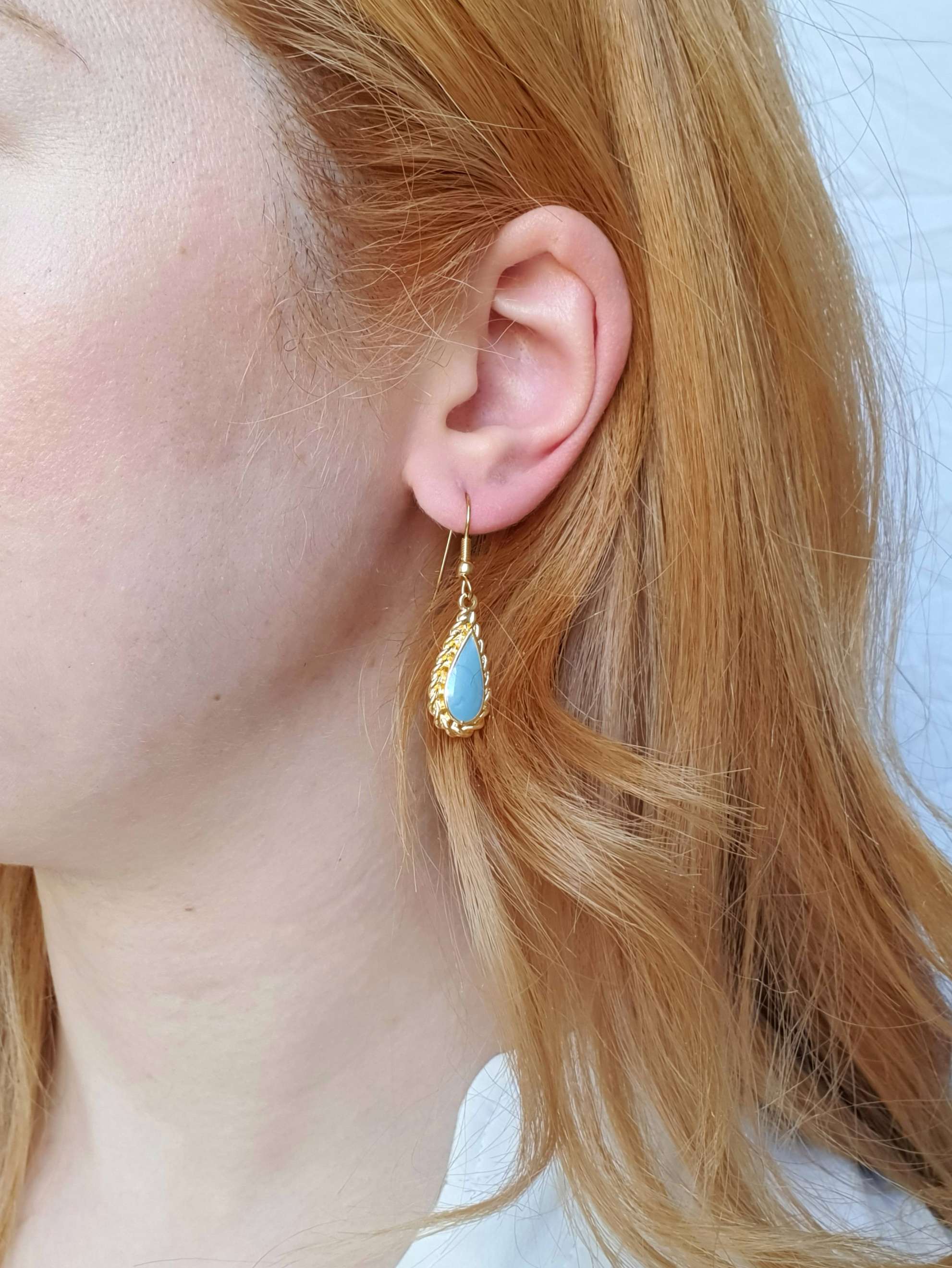 Vintage Gold Plated Blue Enamel Drop Earrings - Image 2