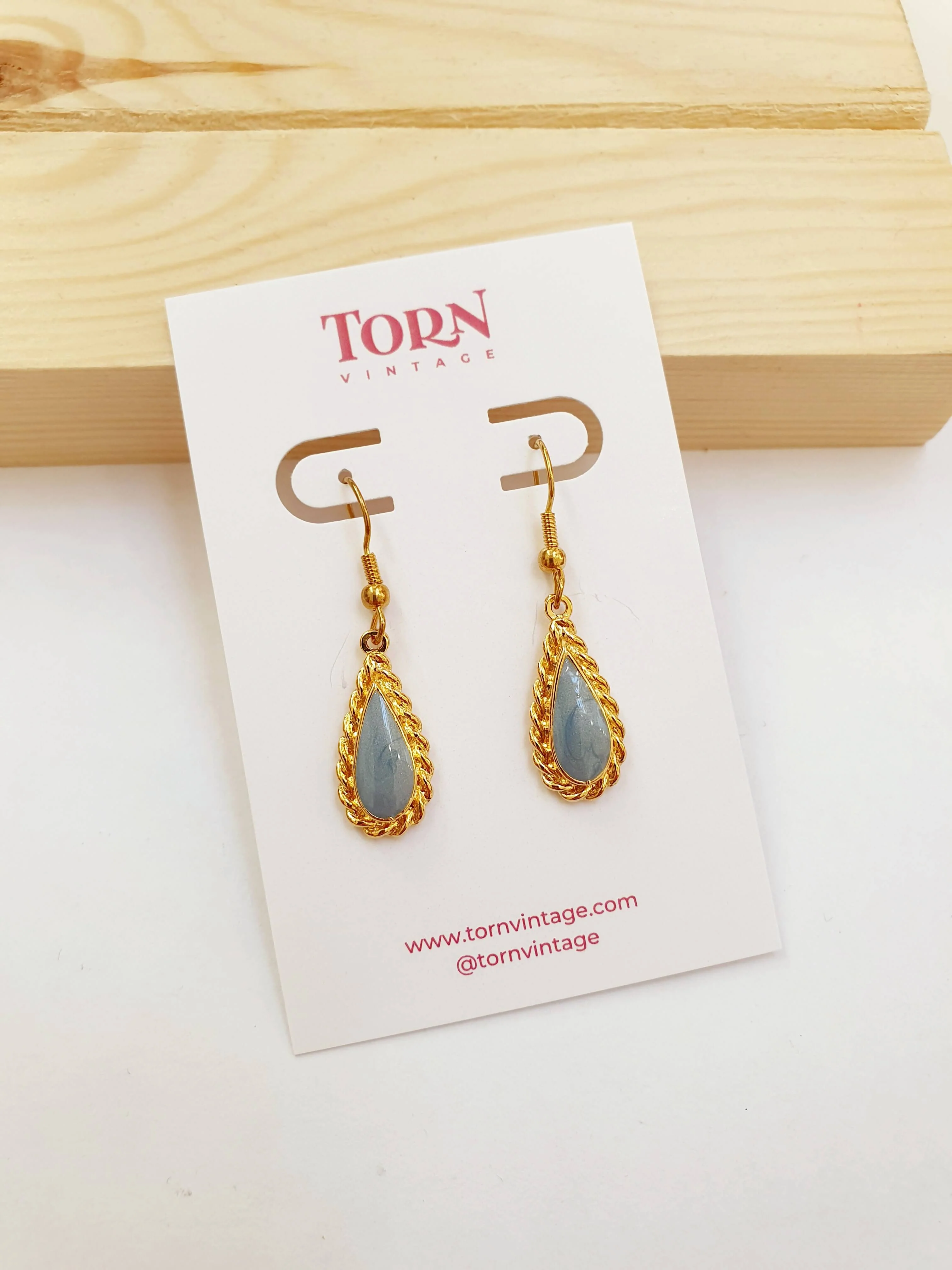 Vintage Gold Plated Blue Enamel Drop Earrings - Image 5