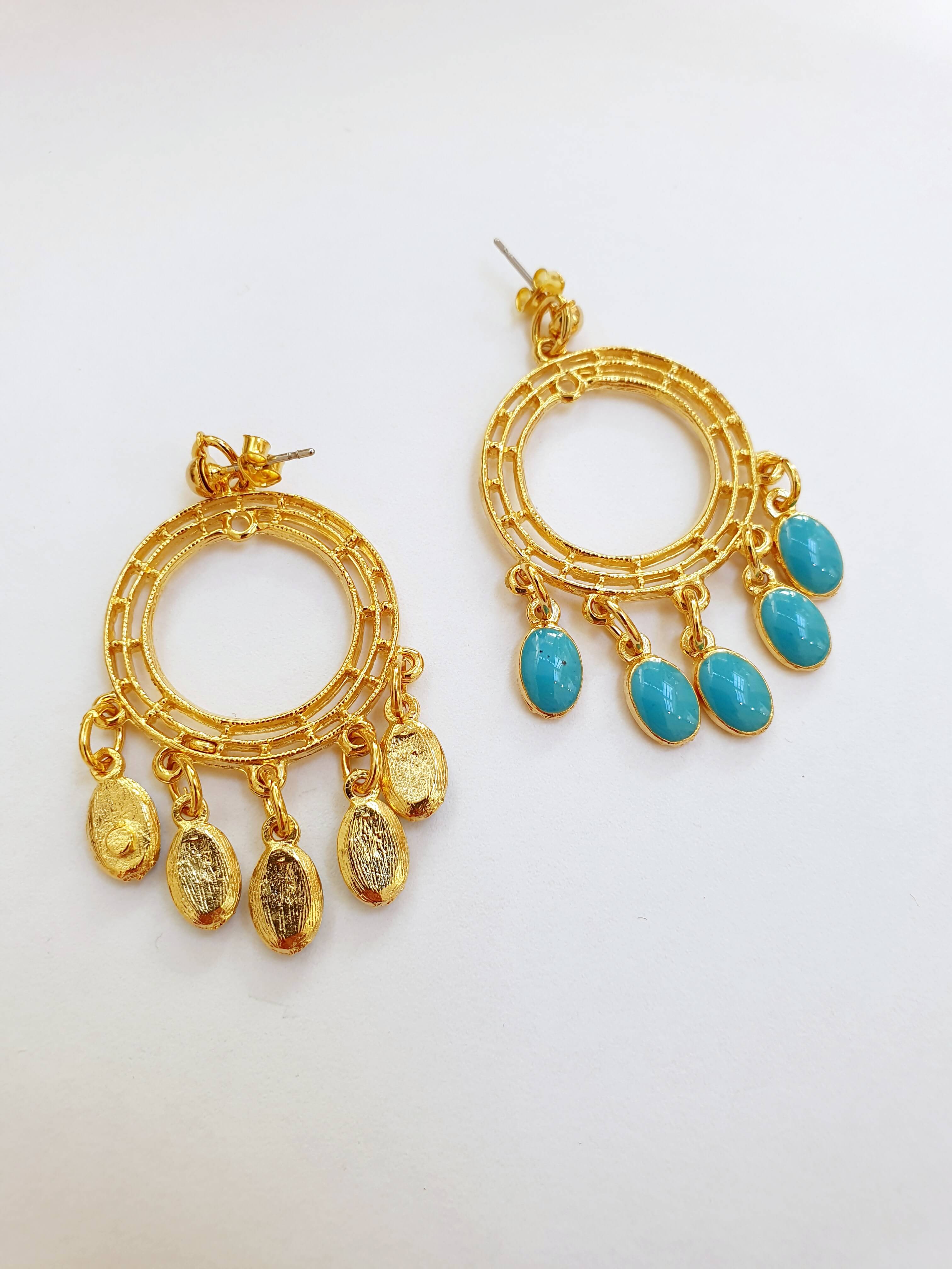 Vintage Gold Plated Boho Drop Earrings with Turquoise Details - Image 4