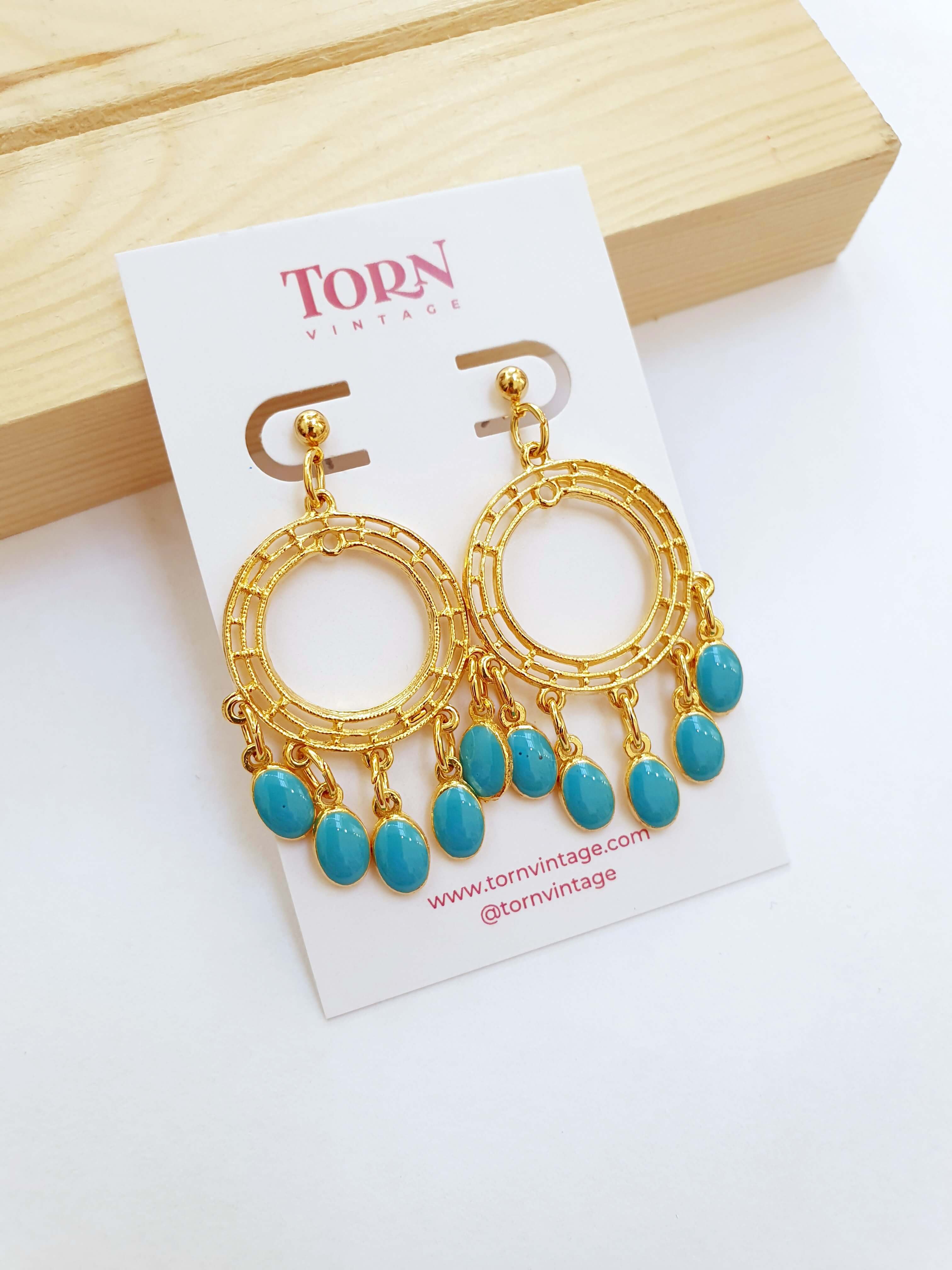 Vintage Gold Plated Boho Drop Earrings with Turquoise Details - Image 5