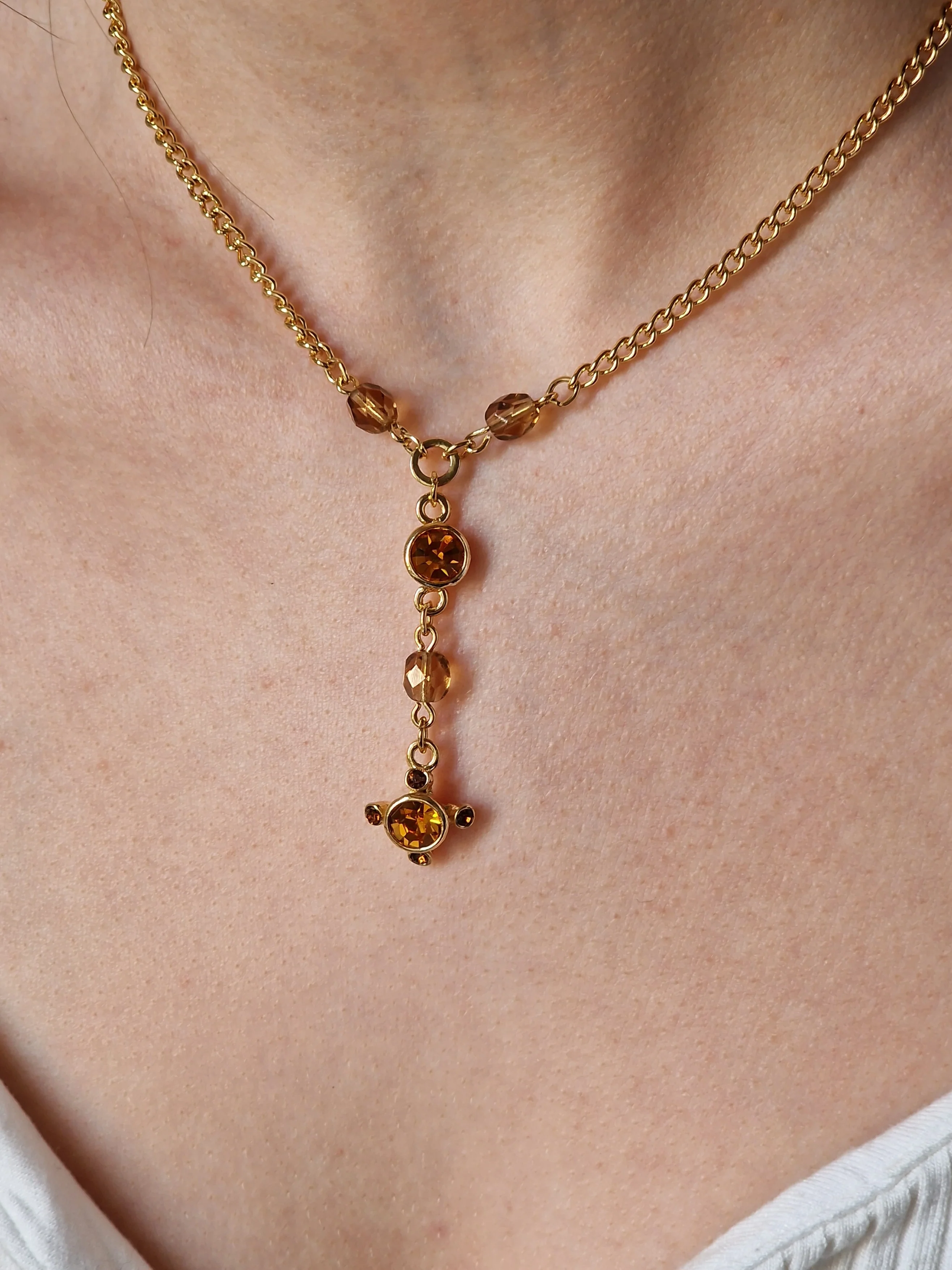 Vintage Gold Plated Chain Necklace with Copper Crystals - Image 2