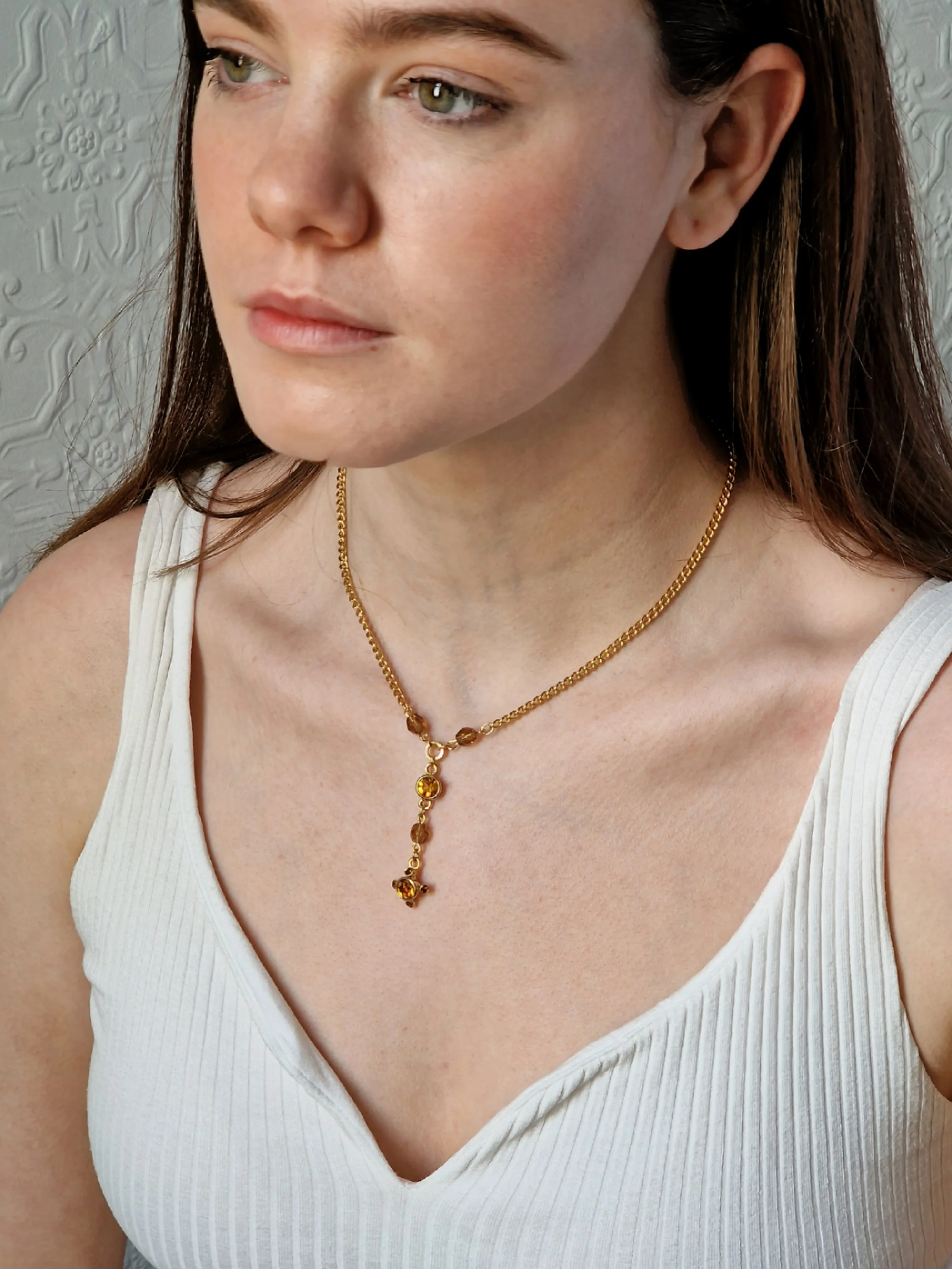 Vintage Gold Plated Chain Necklace with Copper Crystals - Image 6