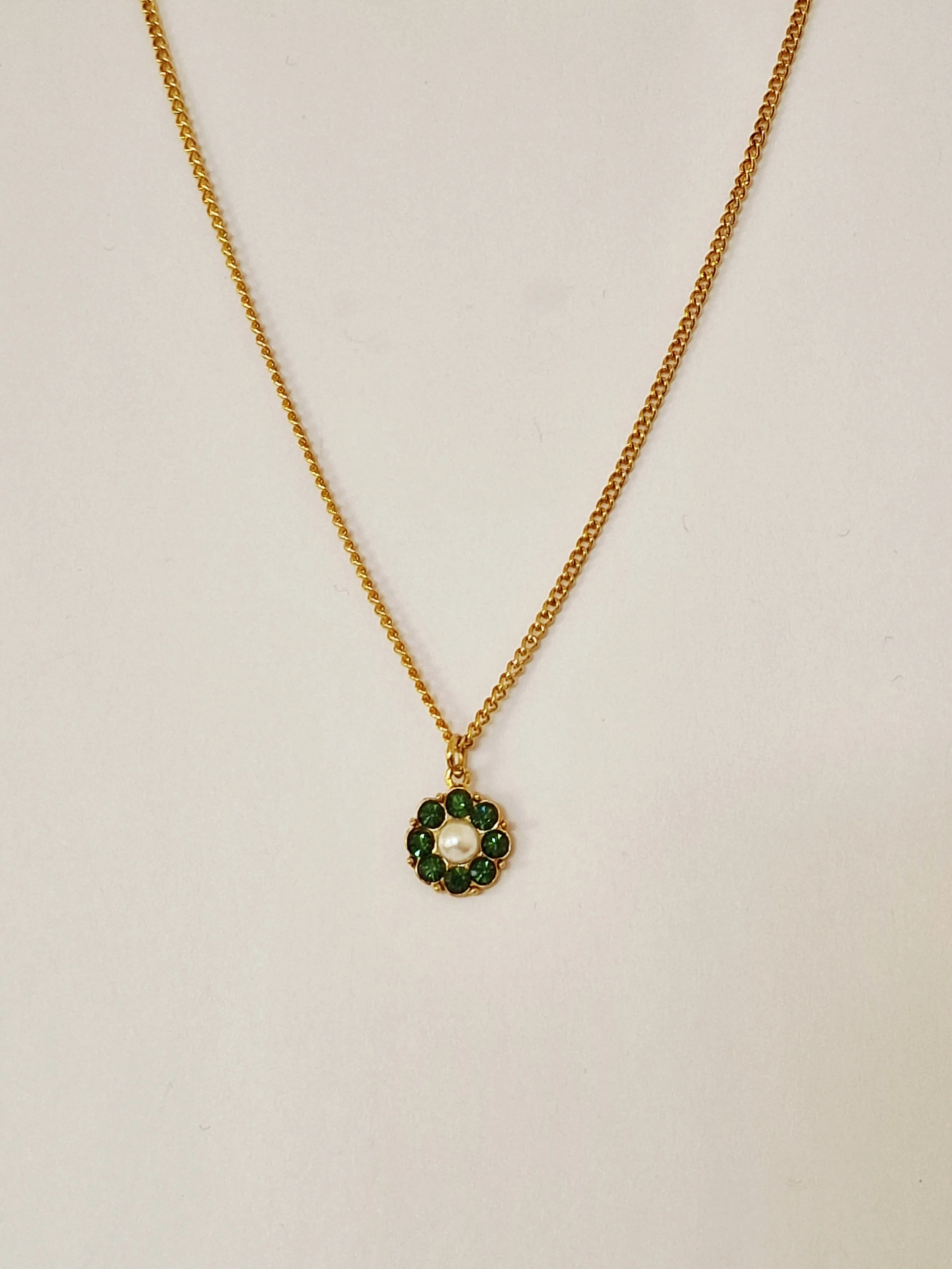 Vintage Gold Plated Chain Necklace with Pearl & Green Crystal Charm - Image 2
