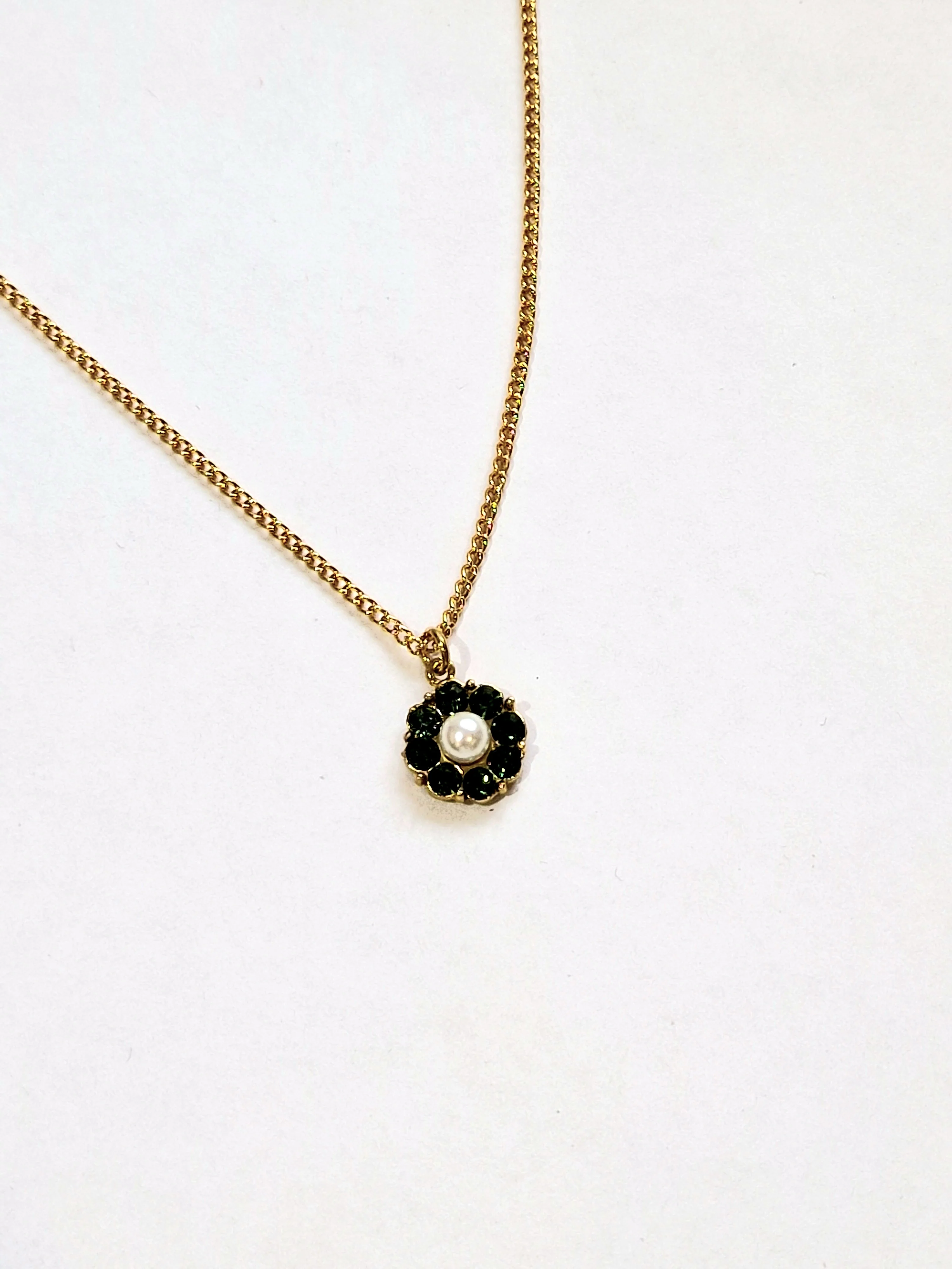 Vintage Gold Plated Chain Necklace with Pearl & Green Crystal Charm - Image 3