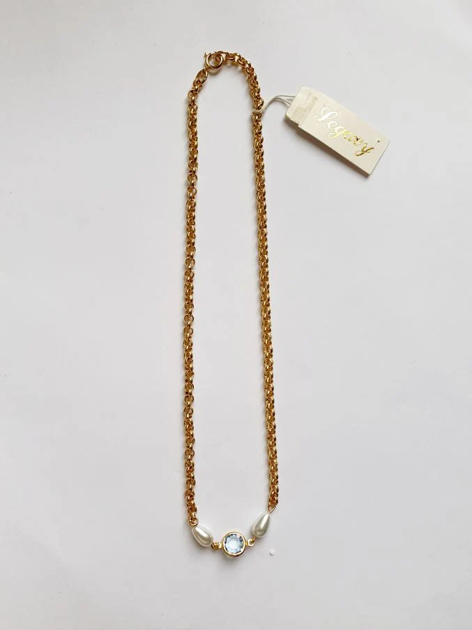 Vintage Gold Plated Chain Necklace with Pearls & Blue Crystal - Image 2