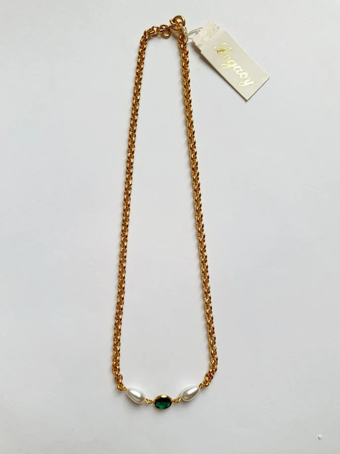 Vintage Gold Plated Chain Necklace with Pearls & Green Crystal - Image 2