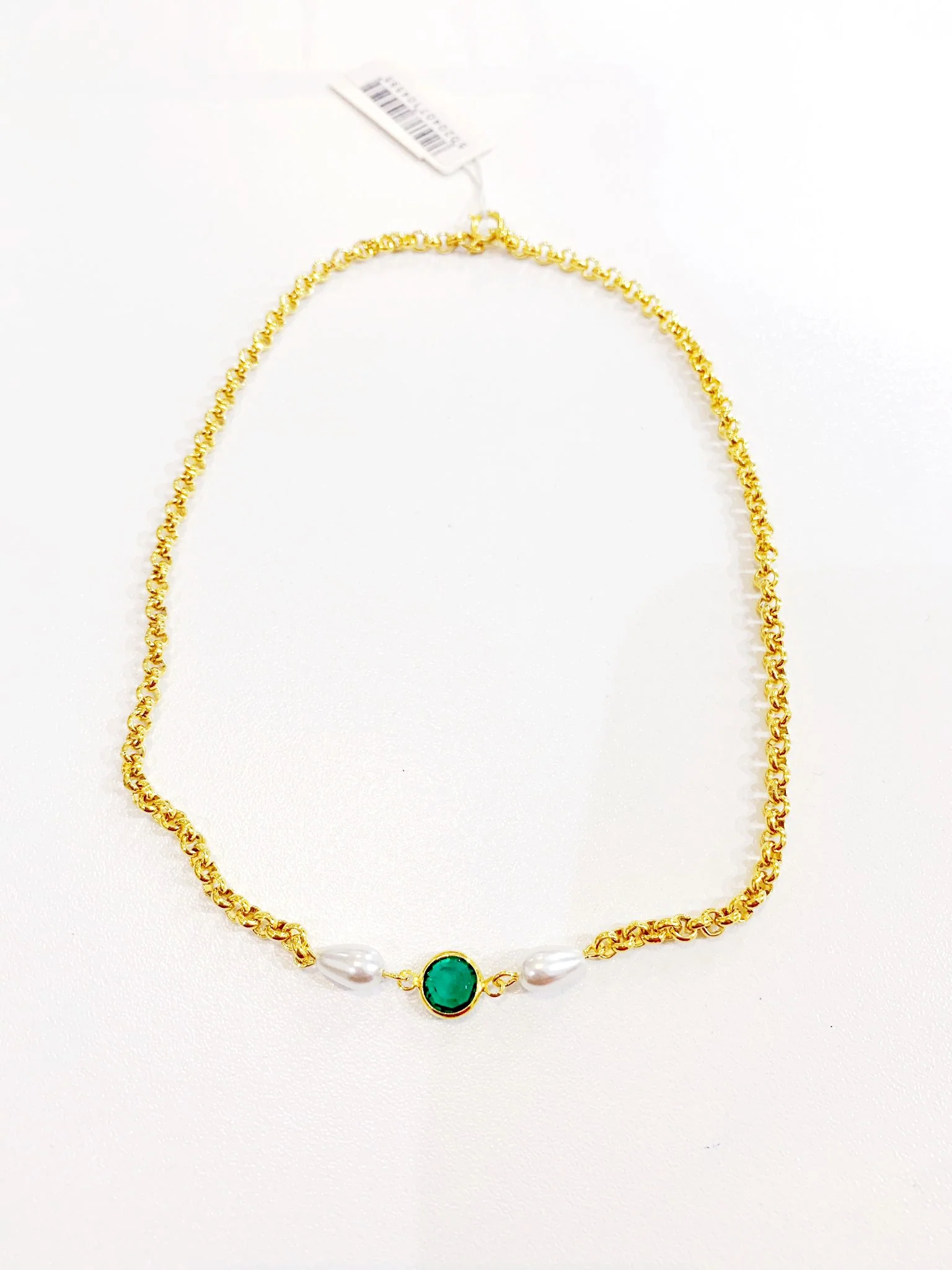 Vintage Gold Plated Chain Necklace with Pearls & Green Crystal - Image 3