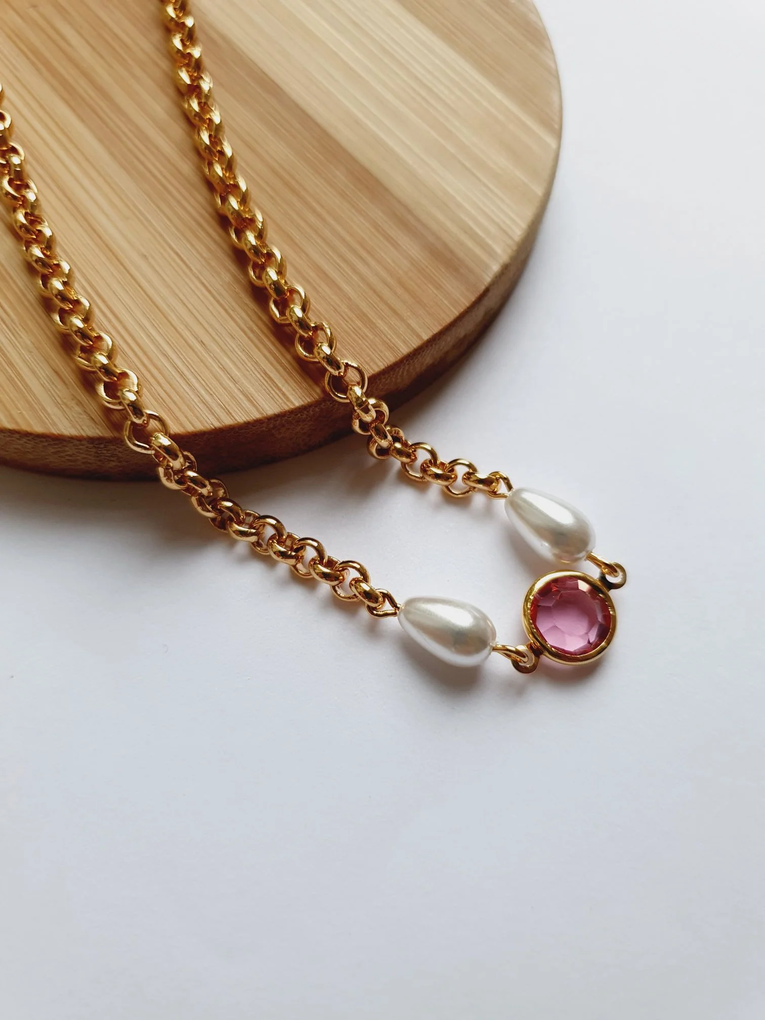 Vintage Gold Plated Chain Necklace with Pearls & Pink Crystal - Image 2