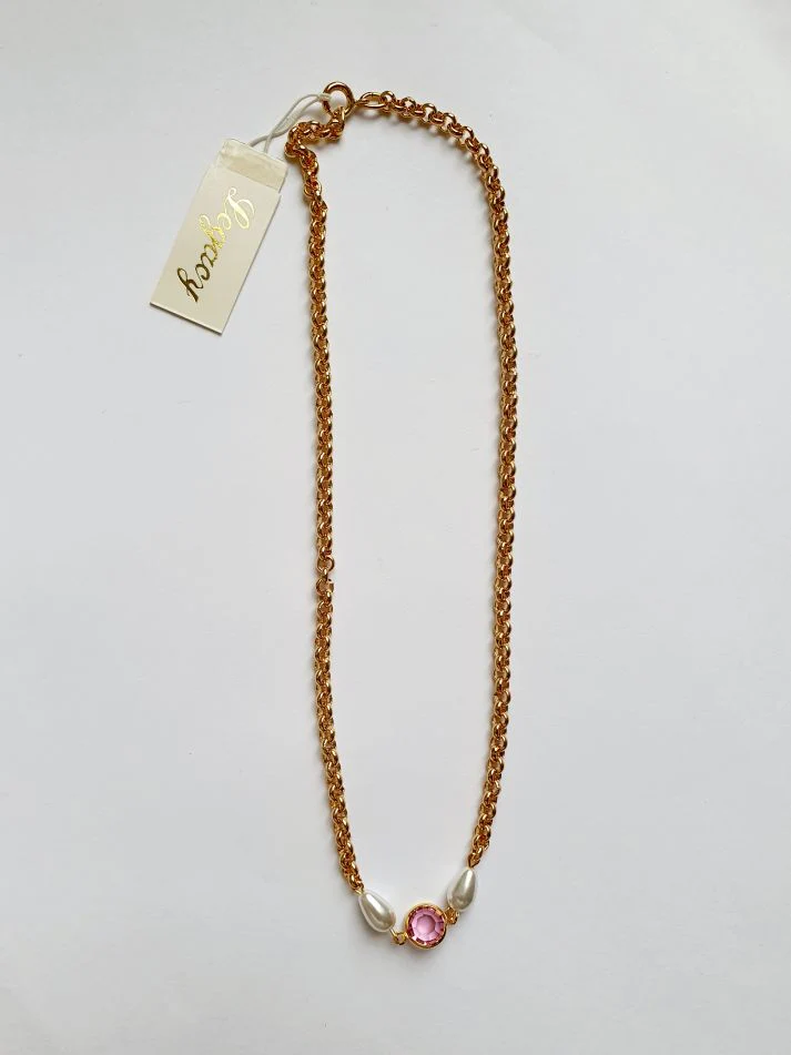 Vintage Gold Plated Chain Necklace with Pearls & Pink Crystal - Image 3