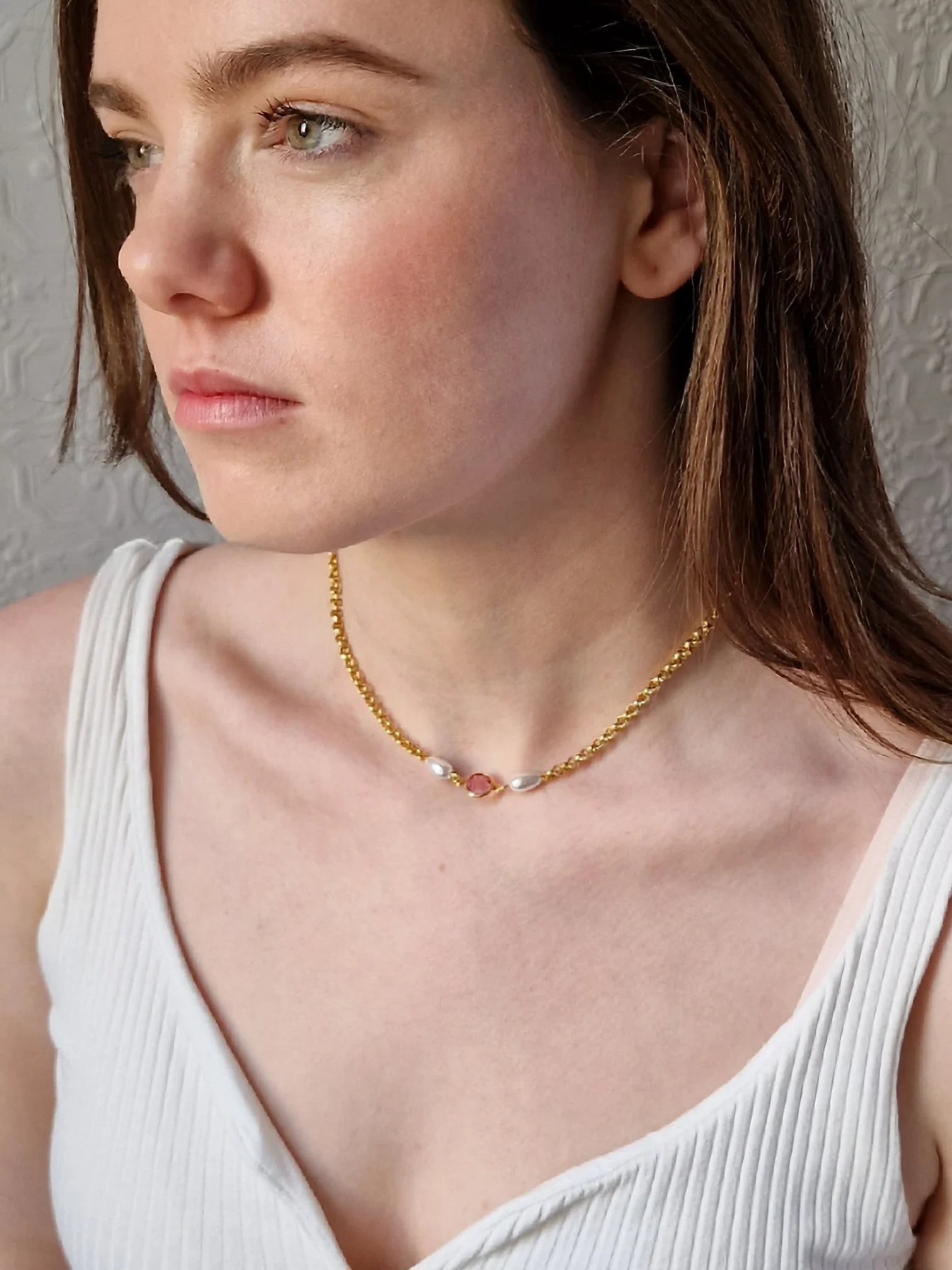 Vintage Gold Plated Chain Necklace with Pearls & Pink Crystal - Image 4