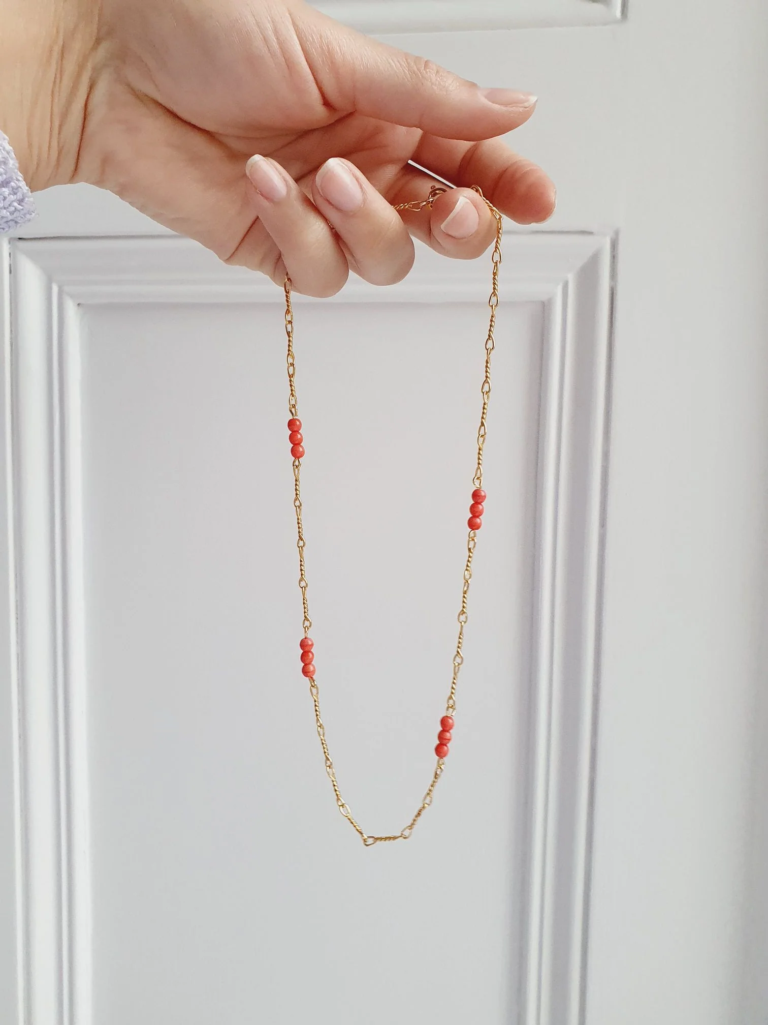 Vintage Gold Plated Chain Necklace with Pink Beads - Image 3