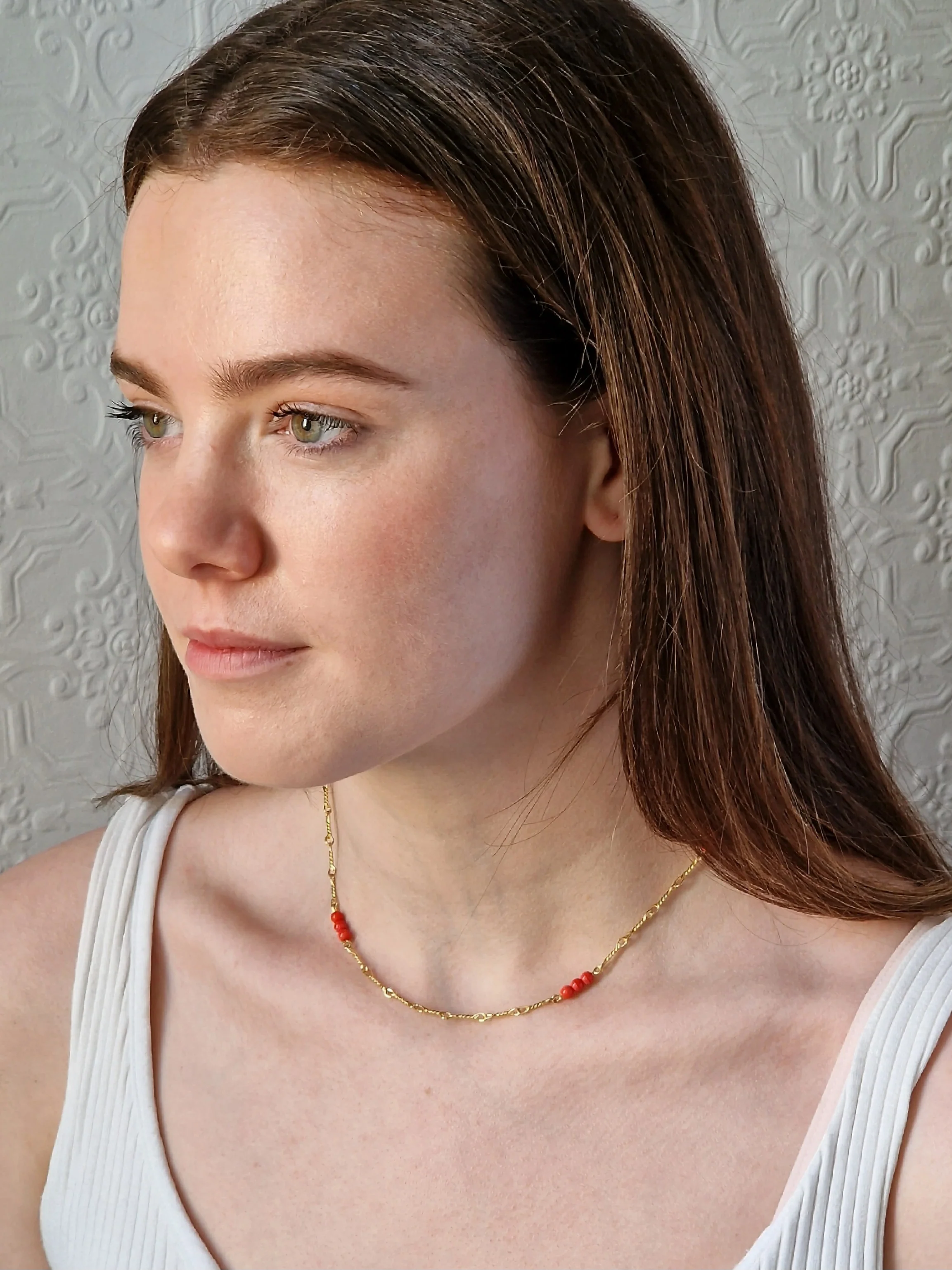 Vintage Gold Plated Chain Necklace with Pink Beads - Image 4