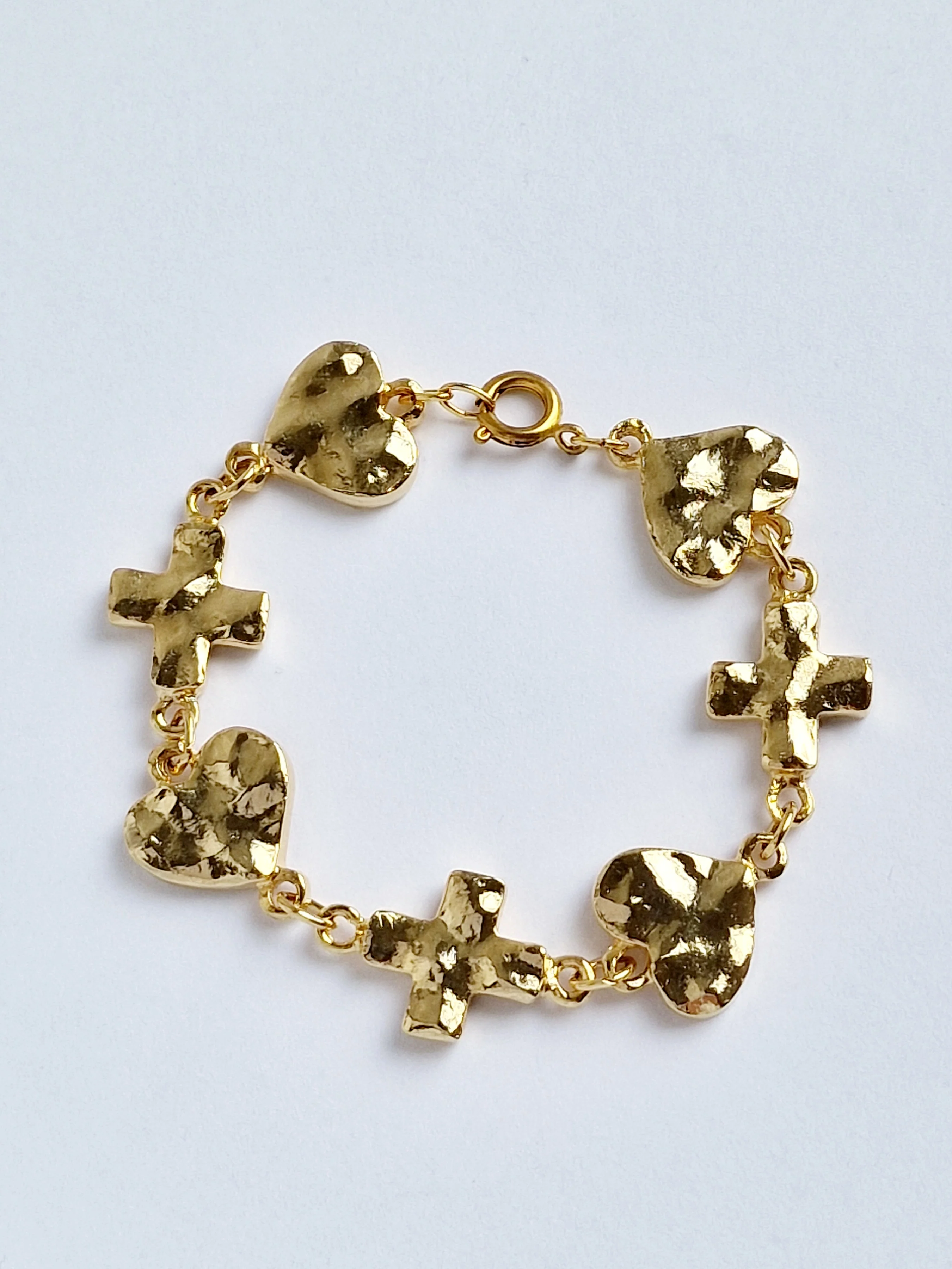 Vintage Gold Plated Chunky Cross & Heart Chain Bracelet - Image 3