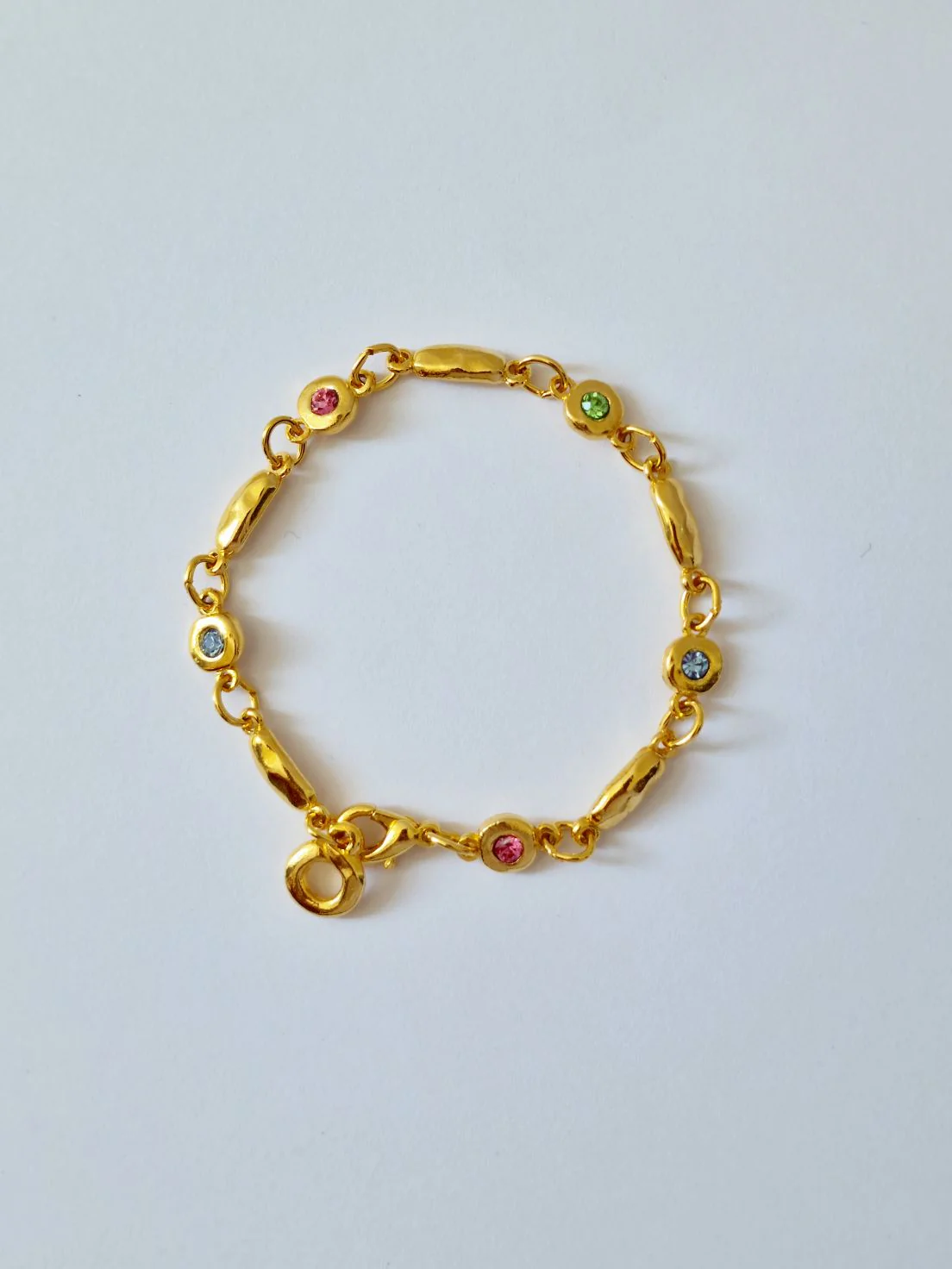 Vintage Gold Plated Chunky Link Chain Bracelet with Blue, Pink and Green Crystals